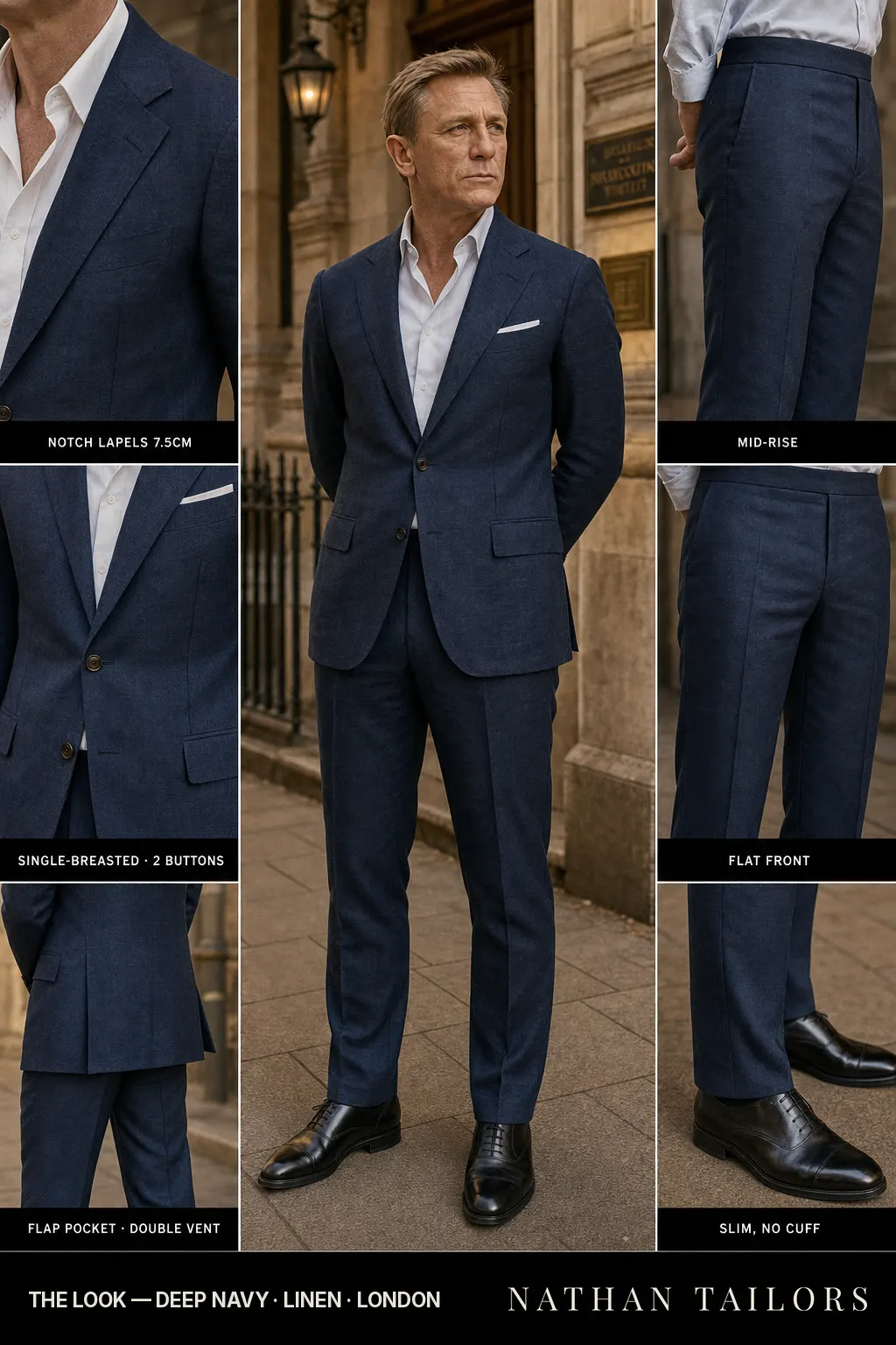 deep navy single-breasted notch-lapel bespoke suit — AI-rendered by Nathan Tailors, the Hoi An custom tailor. Available as a custom tailored suit from $149.