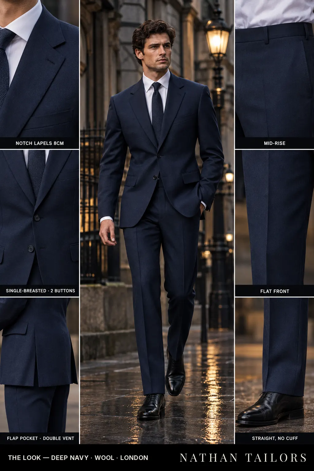 deep navy single-breasted bespoke suit โ custom tailored by Nathan Tailors, the Hoi An custom tailor