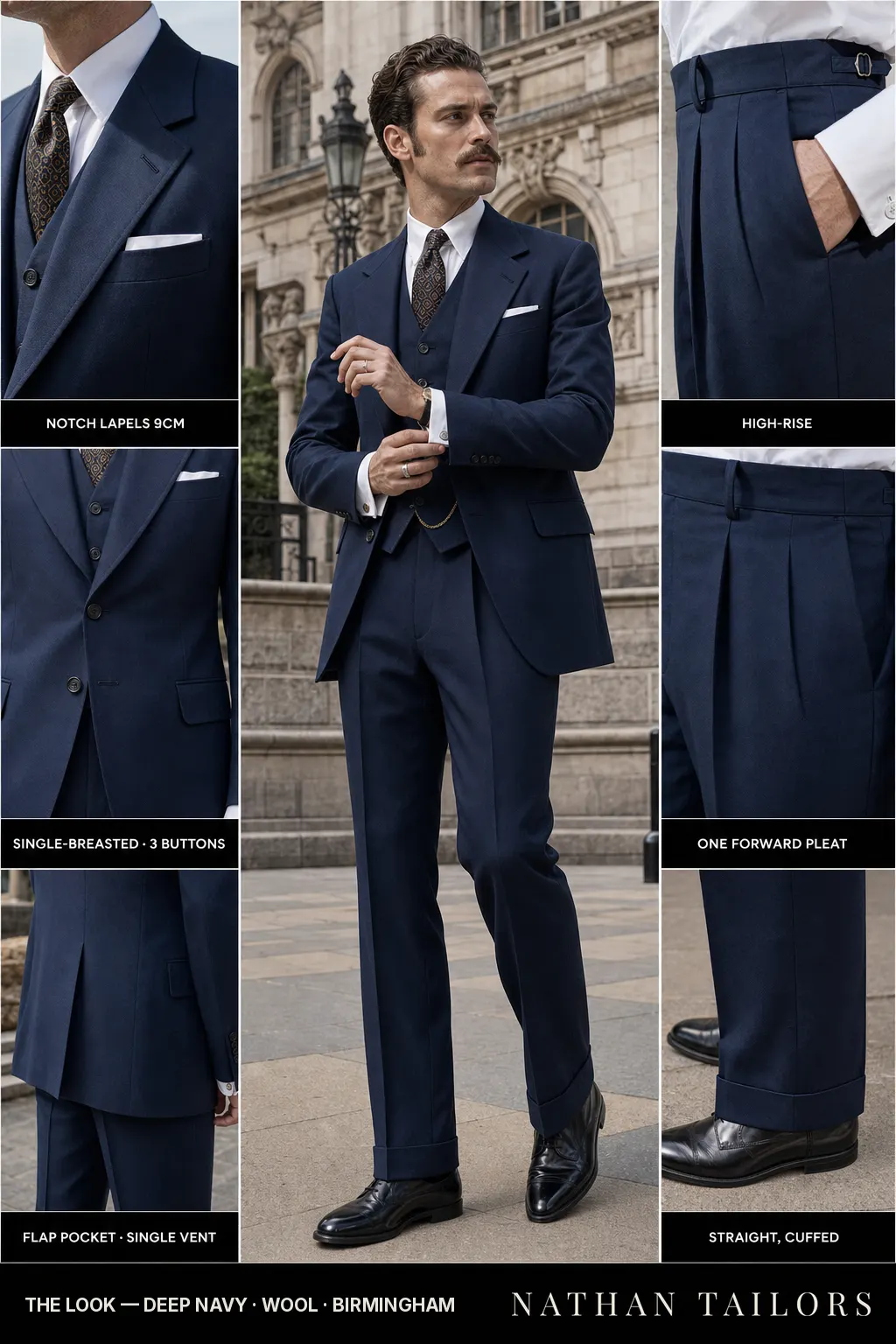 deep navy single-breasted bespoke suit — custom tailored by Nathan Tailors, the Hoi An custom tailor