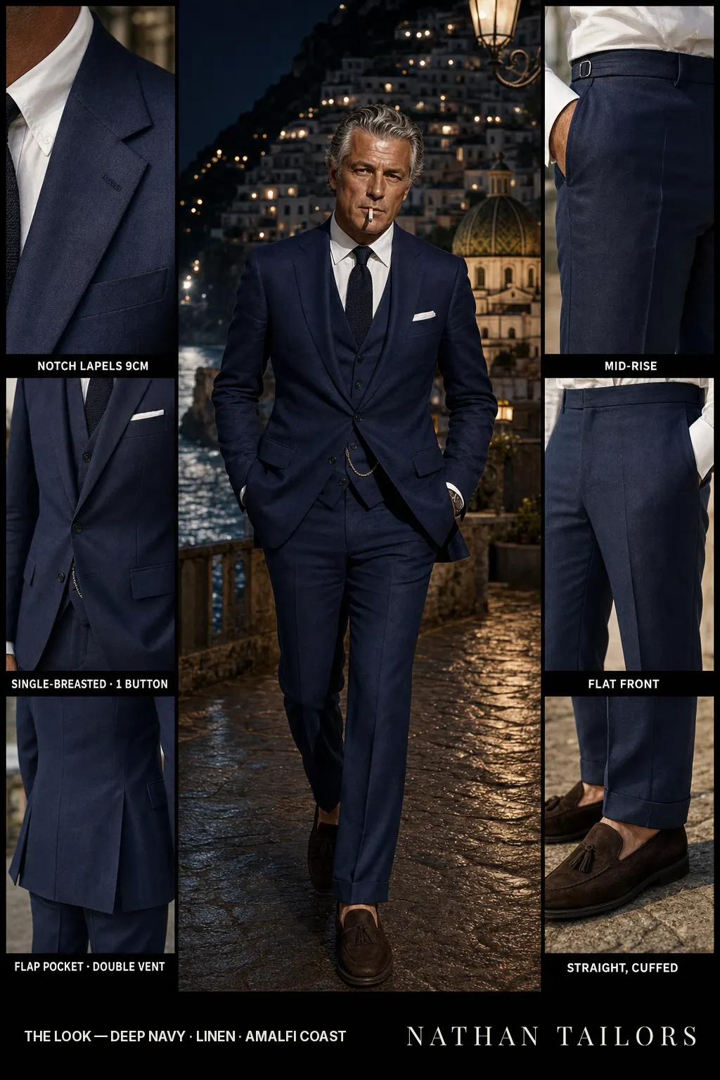 deep navy single-breasted notch-lapel bespoke suit โ AI-rendered by Nathan Tailors, the Hoi An custom tailor. Available as a custom tailored suit from $149.