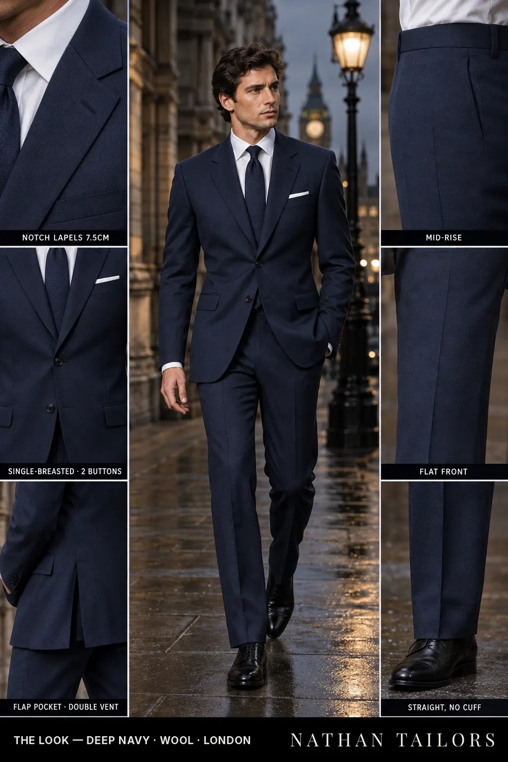 deep navy single-breasted bespoke suit — custom tailored by Nathan Tailors, the Hoi An custom tailor