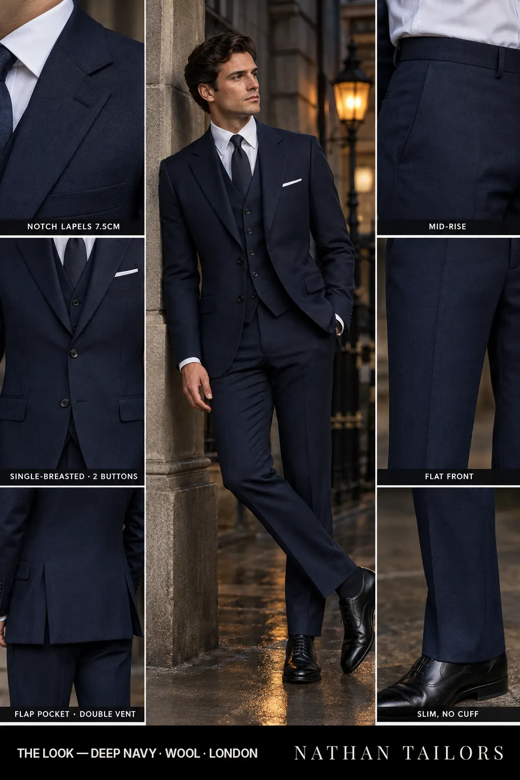 deep navy single-breasted bespoke suit โ custom tailored by Nathan Tailors, the Hoi An custom tailor