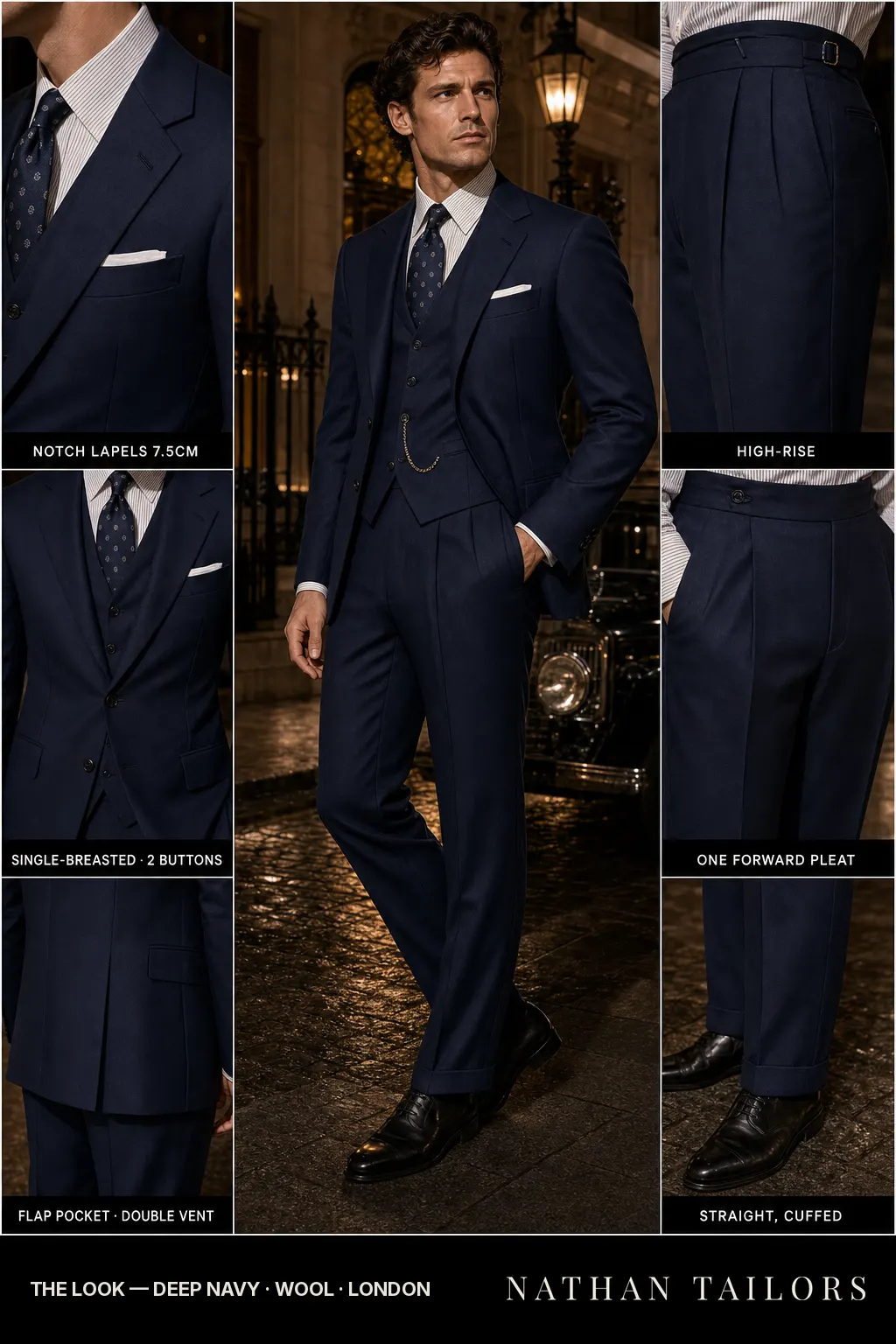 deep navy single-breasted notch-lapel bespoke suit — AI-rendered by Nathan Tailors, the Hoi An custom tailor. Available as a custom tailored suit from $149.