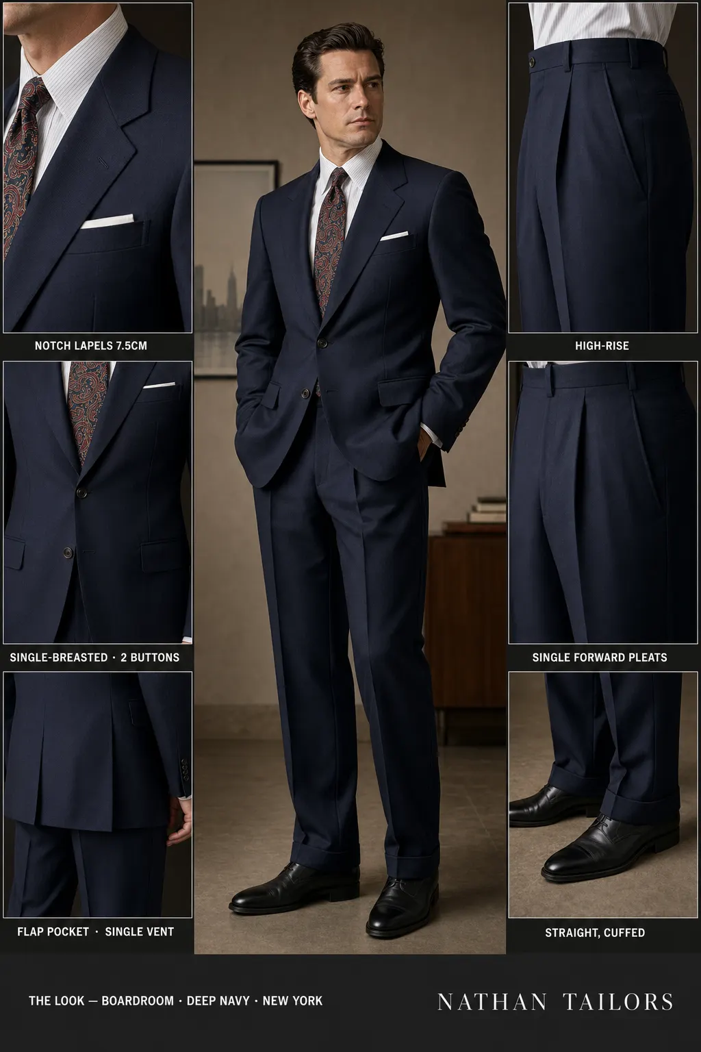 deep navy single-breasted notch-lapel bespoke suit — AI-rendered by Nathan Tailors, the Hoi An custom tailor. Available as a custom tailored suit from $149.