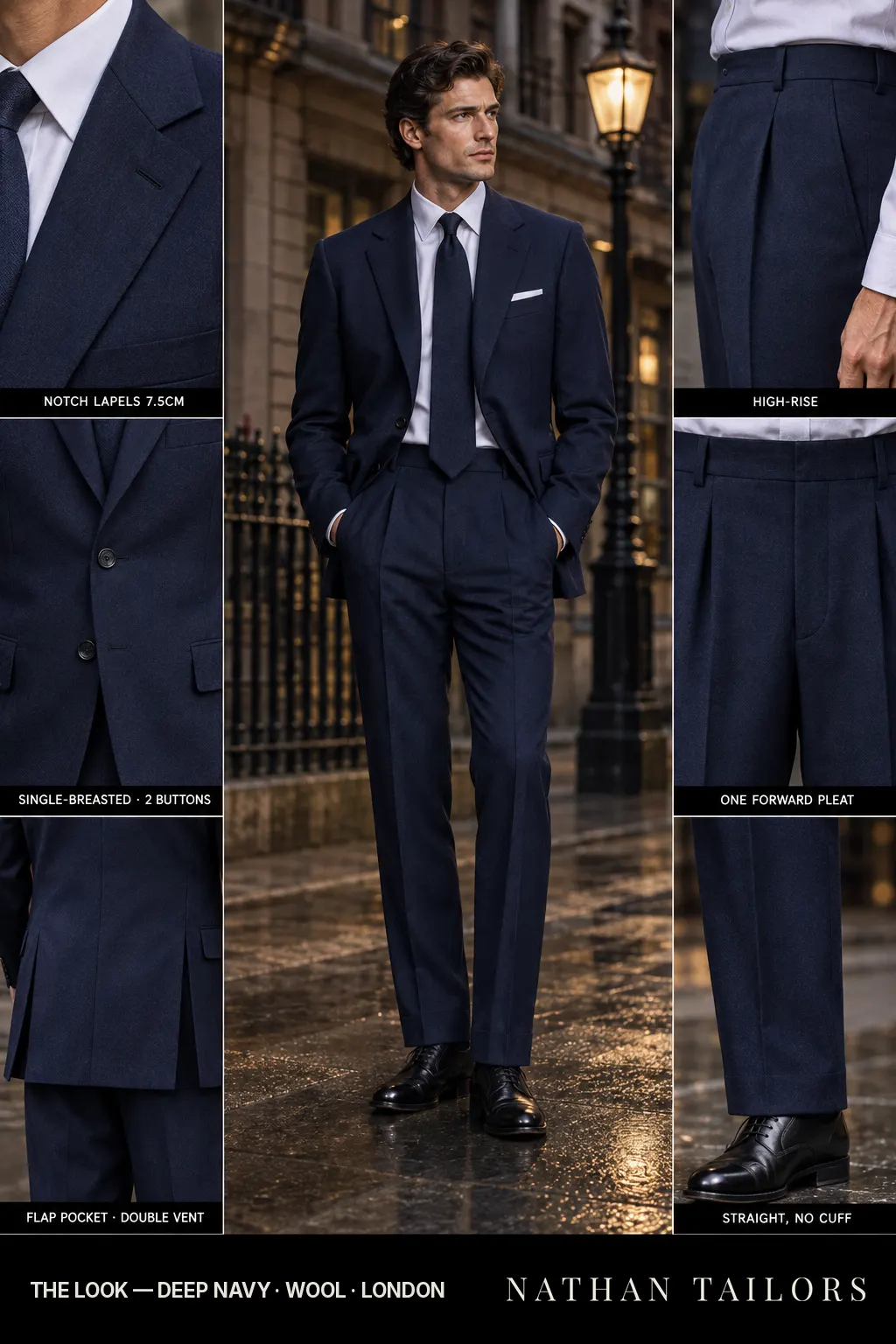 deep navy single-breasted notch-lapel bespoke suit — AI-rendered by Nathan Tailors, the Hoi An custom tailor. Available as a custom tailored suit from $149.