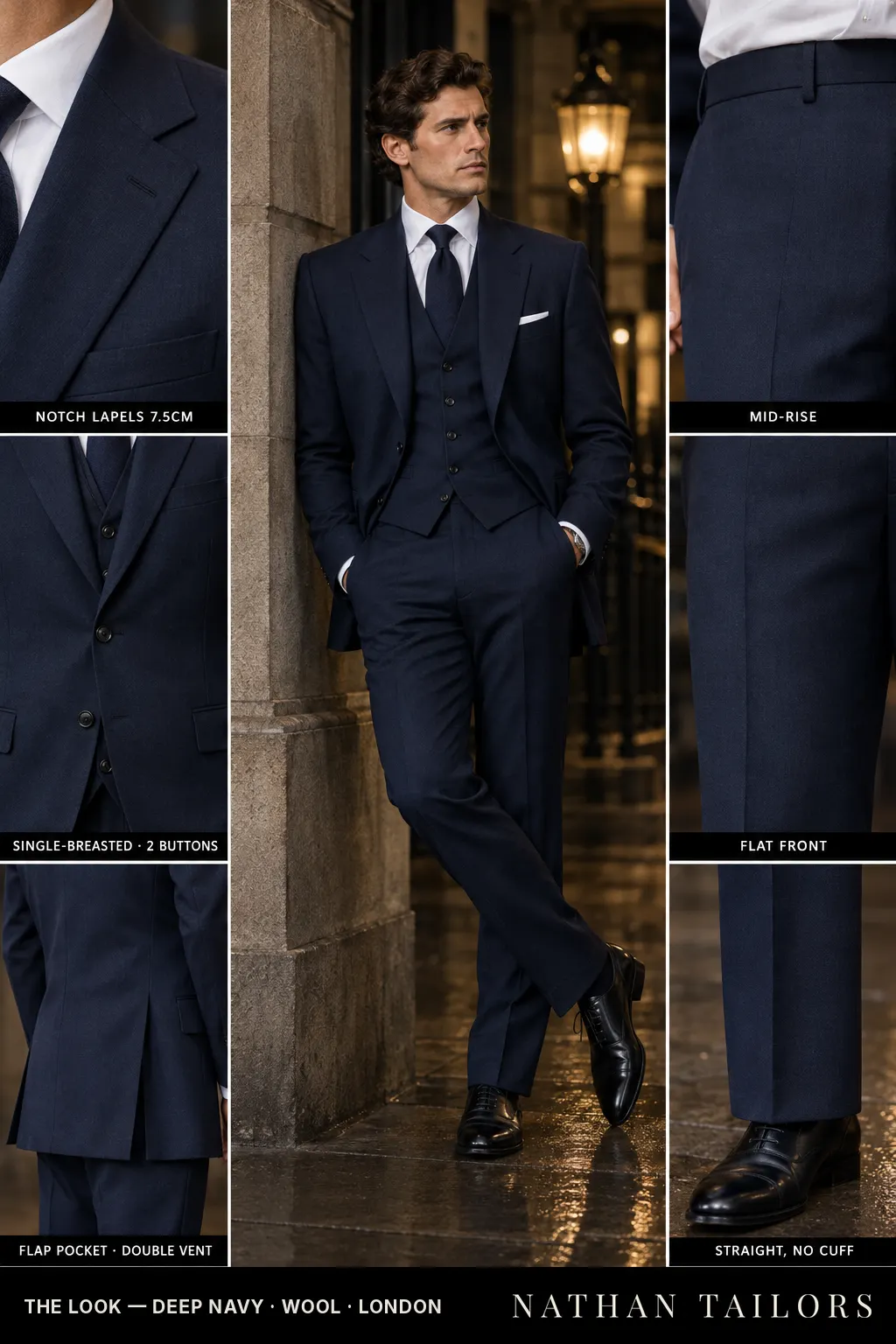 deep navy single-breasted bespoke suit — custom tailored by Nathan Tailors, the Hoi An custom tailor