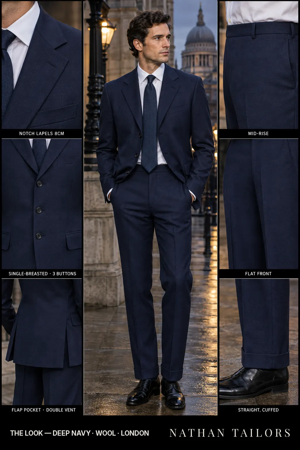 deep navy single-breasted notch-lapel bespoke suit โ AI-rendered by Nathan Tailors, the Hoi An custom tailor. Available as a custom tailored suit from $149.