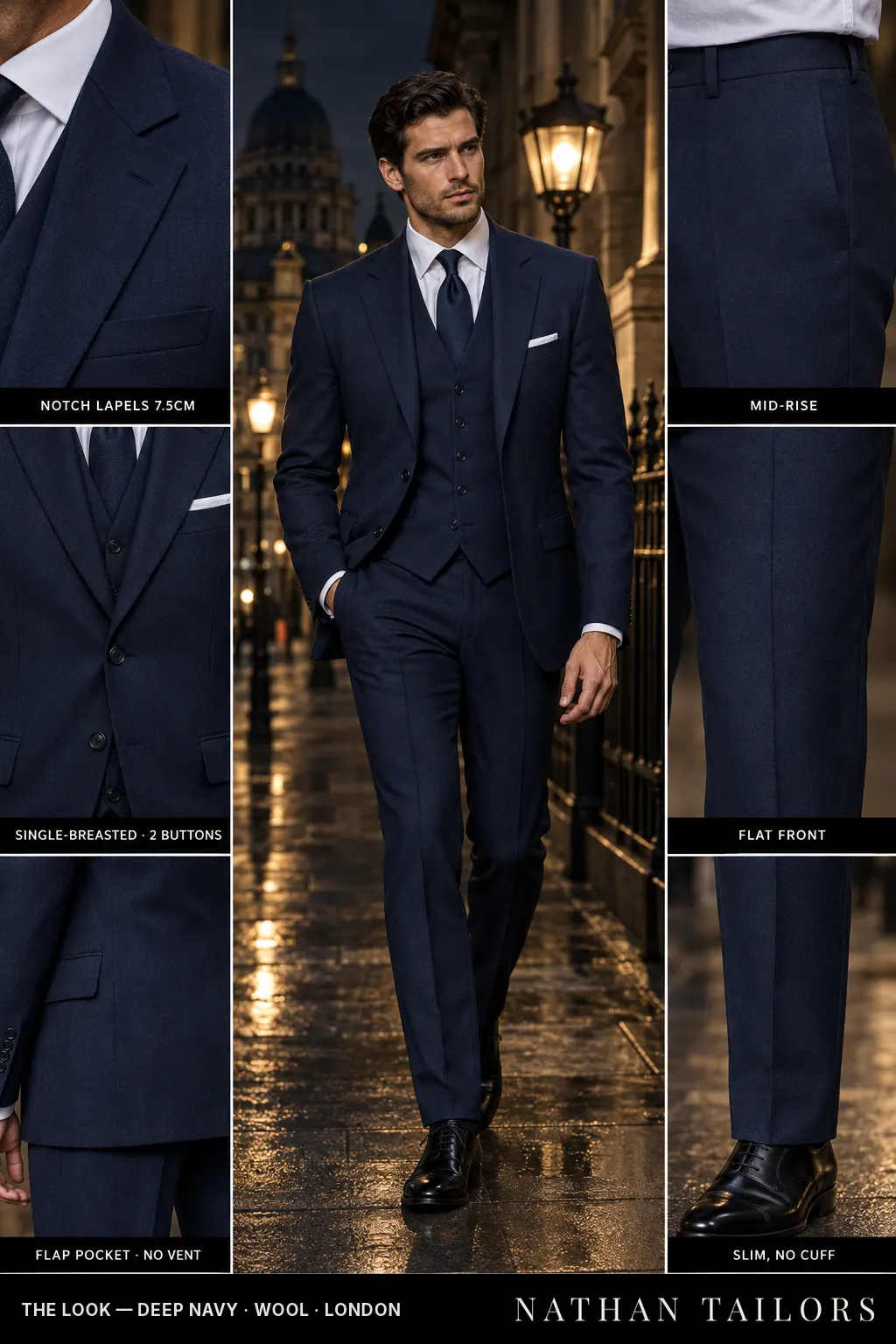 deep navy single-breasted bespoke suit โ custom tailored by Nathan Tailors, the Hoi An custom tailor