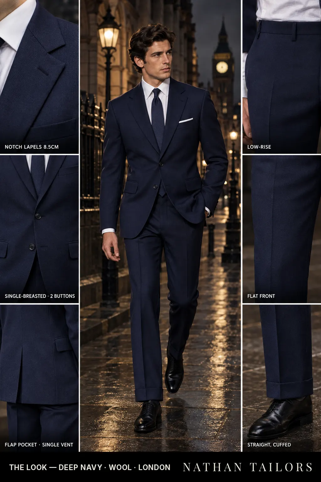 deep navy single-breasted notch-lapel bespoke suit โ AI-rendered by Nathan Tailors, the Hoi An custom tailor. Available as a custom tailored suit from $149.