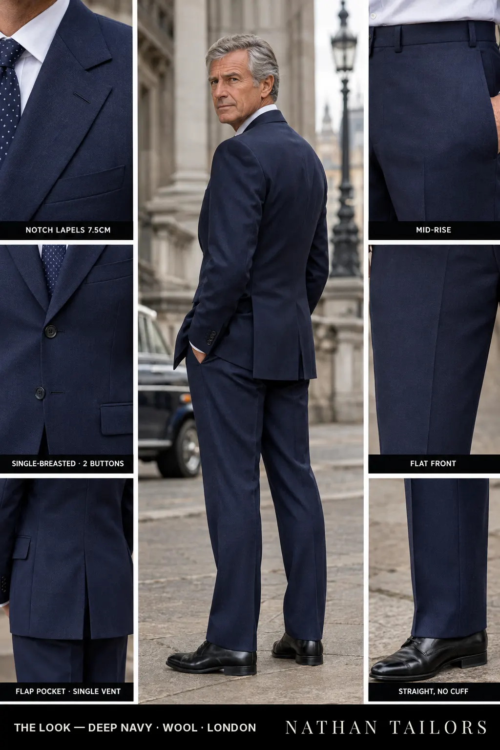 deep navy single-breasted notch-lapel bespoke suit — AI-rendered by Nathan Tailors, the Hoi An custom tailor. Available as a custom tailored suit from $169.