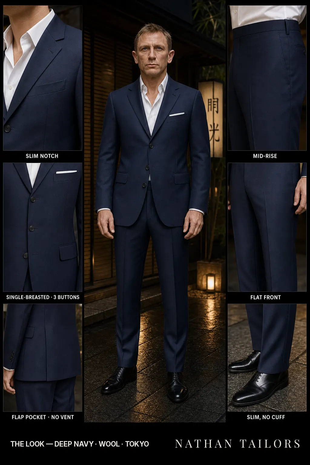 deep navy single-breasted notch-lapel bespoke suit โ AI-rendered by Nathan Tailors, the Hoi An custom tailor. Available as a custom tailored suit from $149.