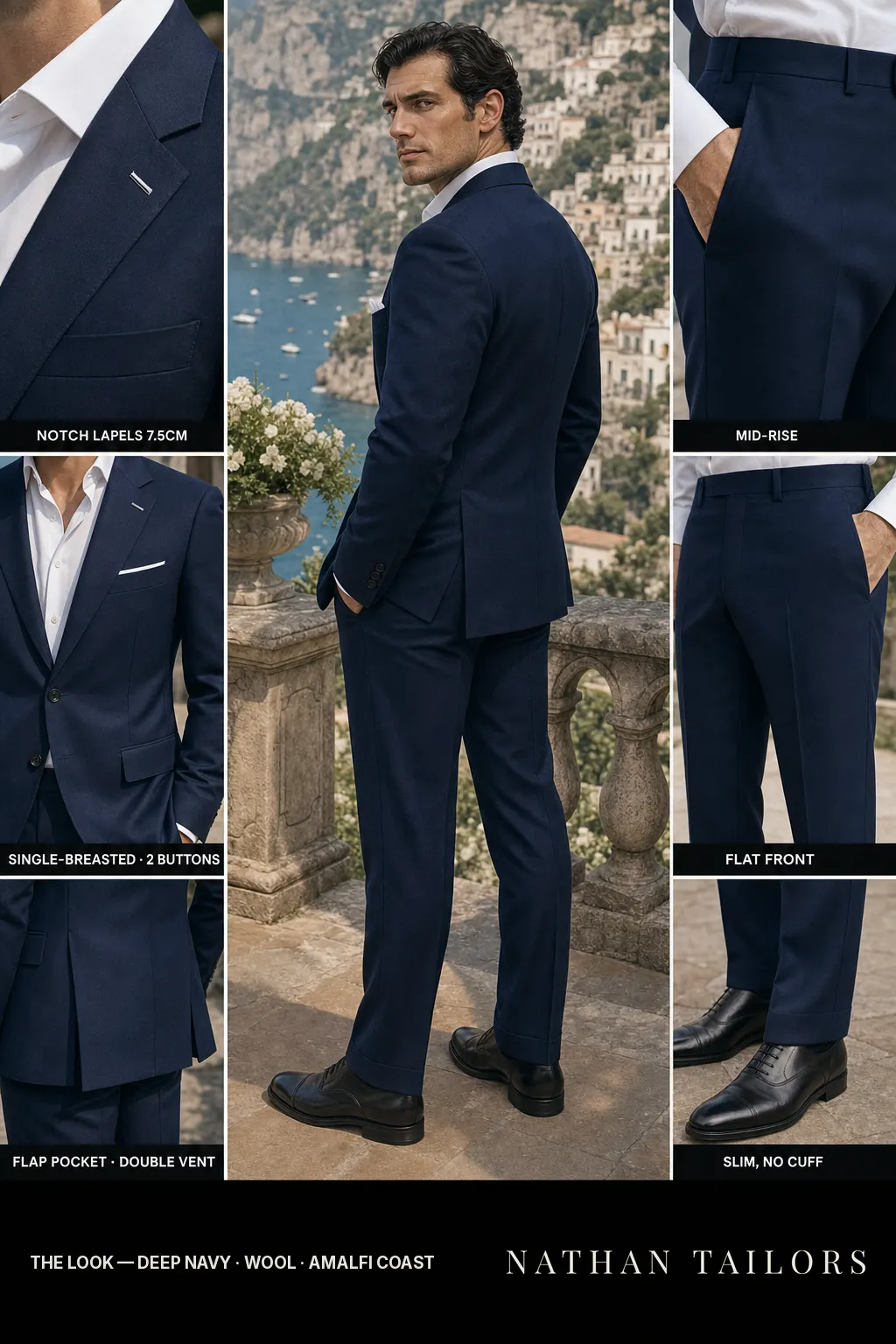 deep navy single-breasted notch-lapel bespoke suit โ AI-rendered by Nathan Tailors, the Hoi An custom tailor. Available as a custom tailored suit from $149.