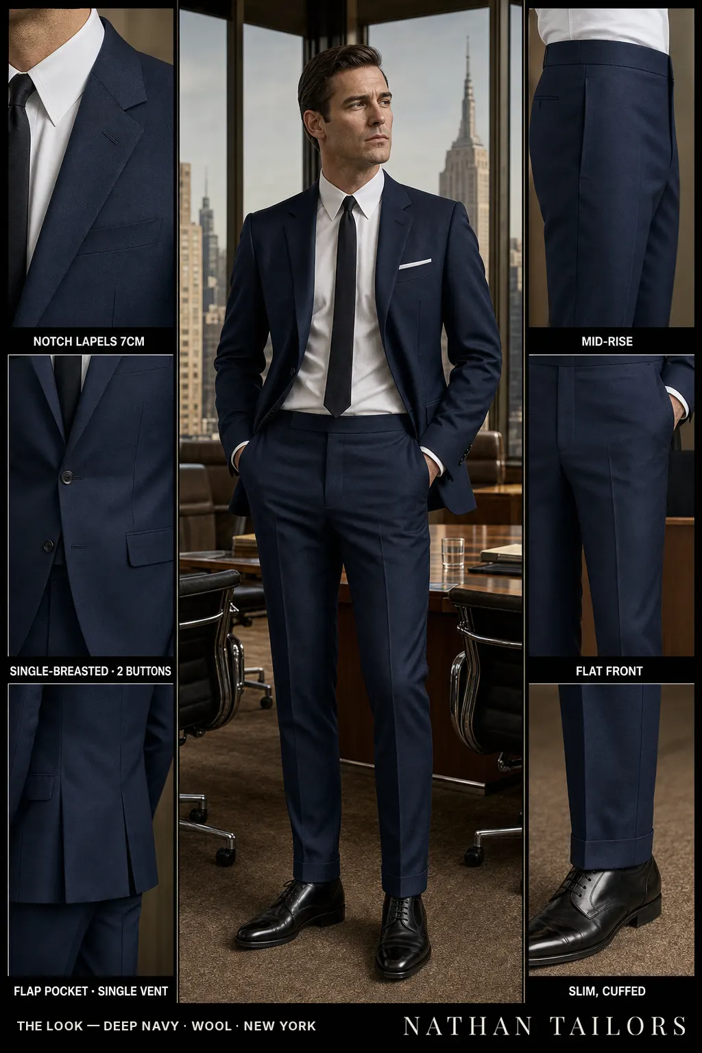 deep navy single-breasted notch-lapel bespoke suit โ AI-rendered by Nathan Tailors, the Hoi An custom tailor. Available as a custom tailored suit from $149.