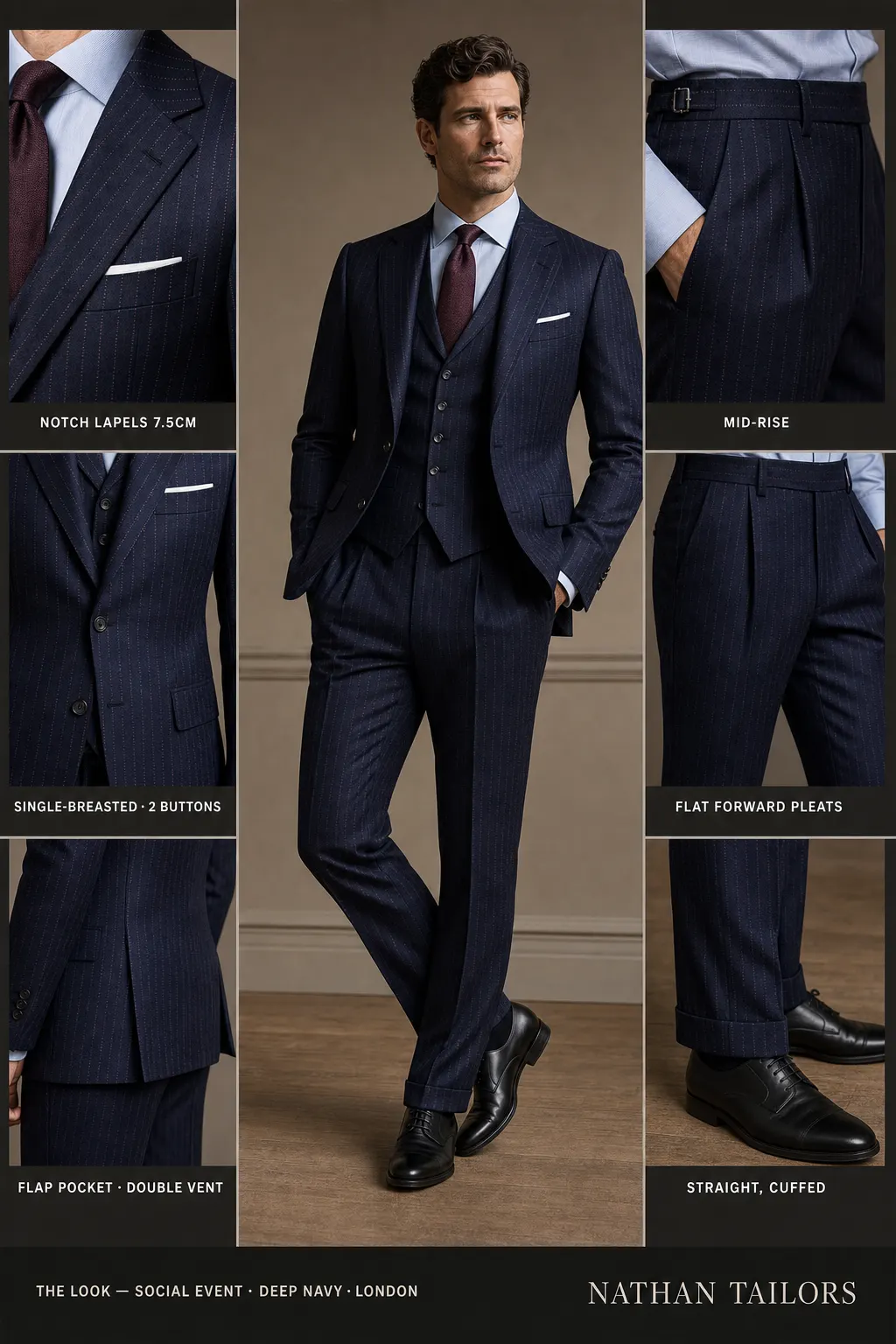 deep navy single-breasted notch-lapel bespoke suit — AI-rendered by Nathan Tailors, the Hoi An custom tailor. Available as a custom tailored suit from $149.