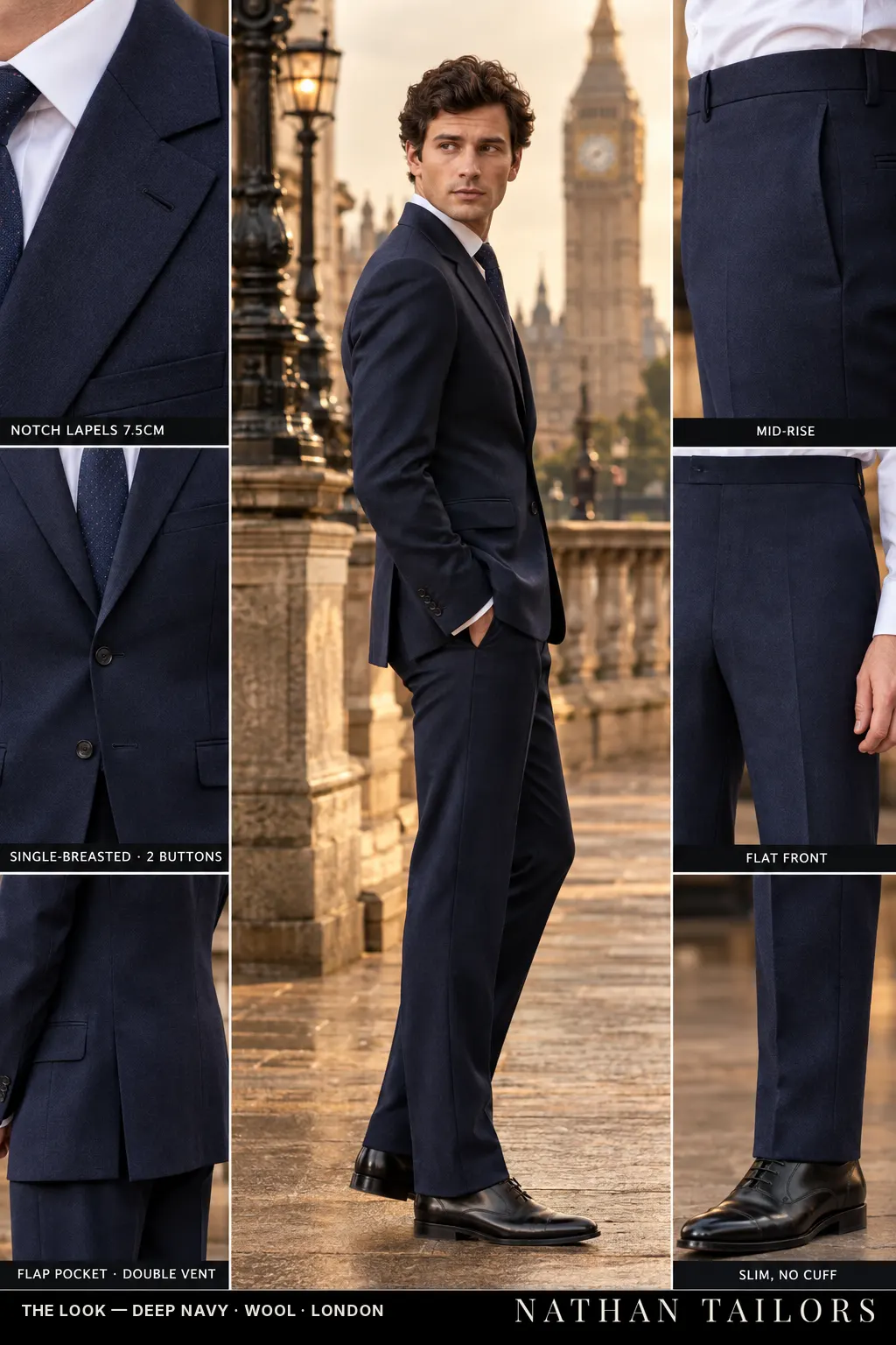 deep navy single-breasted notch-lapel bespoke suit โ AI-rendered by Nathan Tailors, the Hoi An custom tailor. Available as a custom tailored suit from $149.