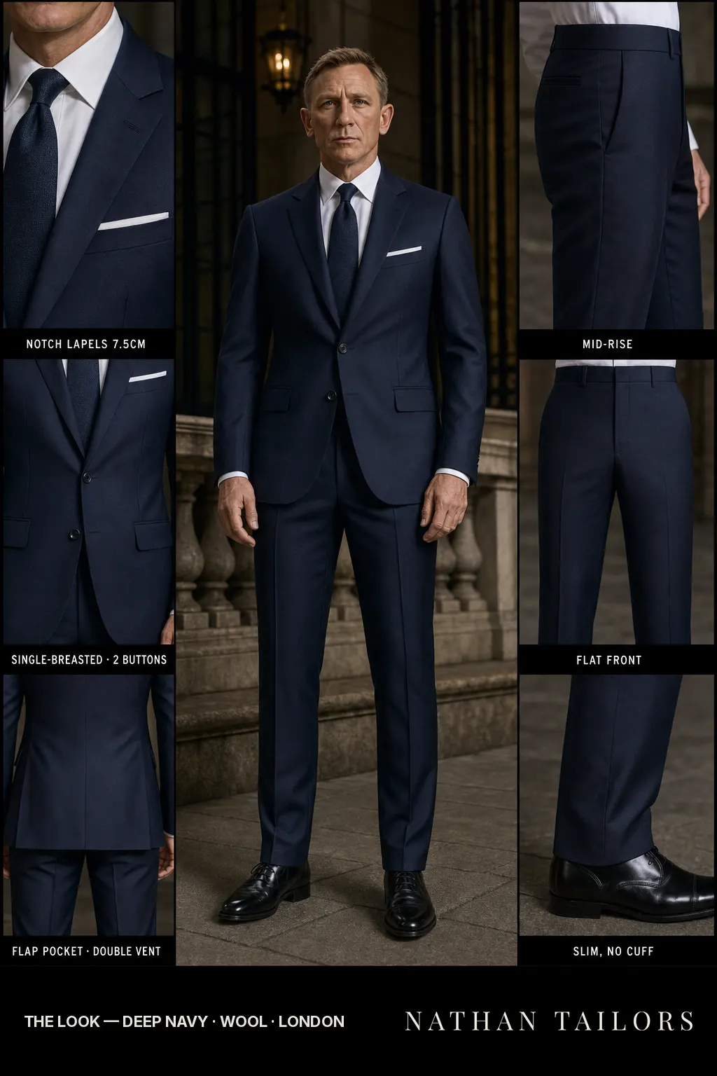 deep navy single-breasted notch-lapel bespoke suit — AI-rendered by Nathan Tailors, the Hoi An custom tailor. Available as a custom tailored suit from $149.