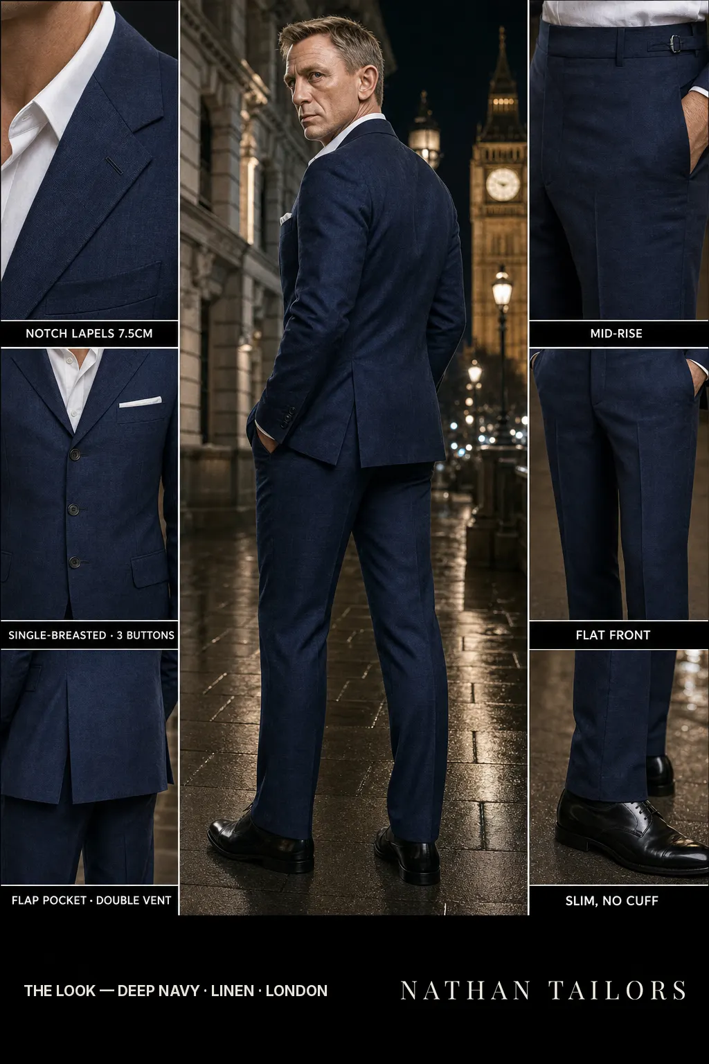 deep navy single-breasted notch-lapel bespoke suit โ AI-rendered by Nathan Tailors, the Hoi An custom tailor. Available as a custom tailored suit from $149.