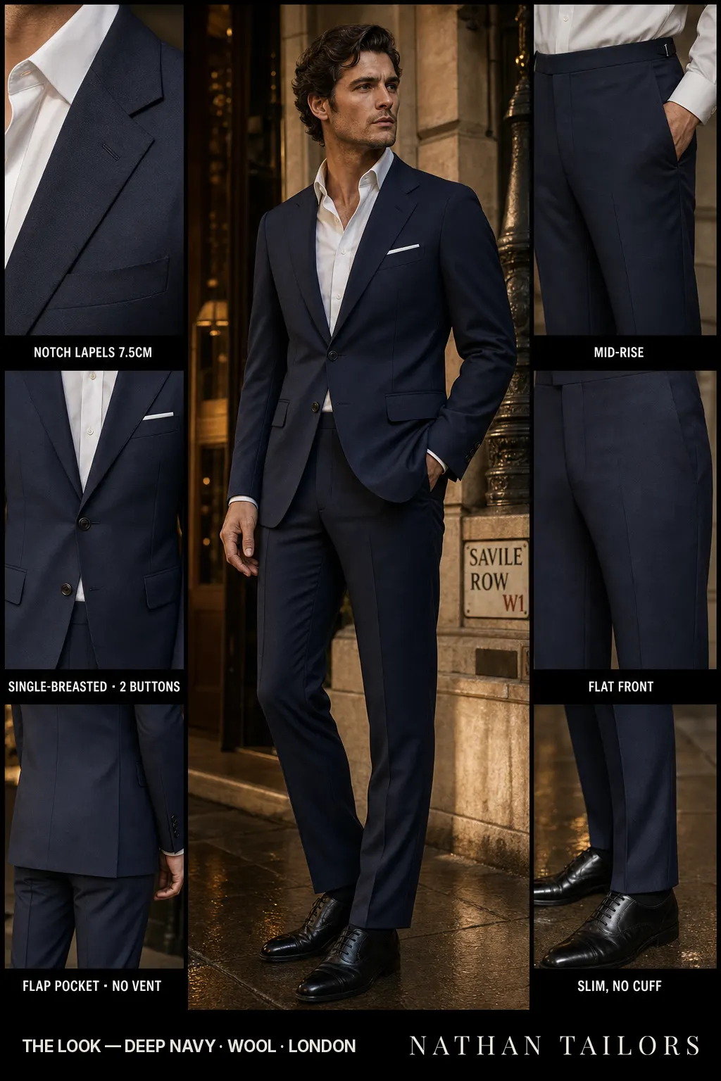 deep navy single-breasted bespoke suit — custom tailored by Nathan Tailors, the Hoi An custom tailor