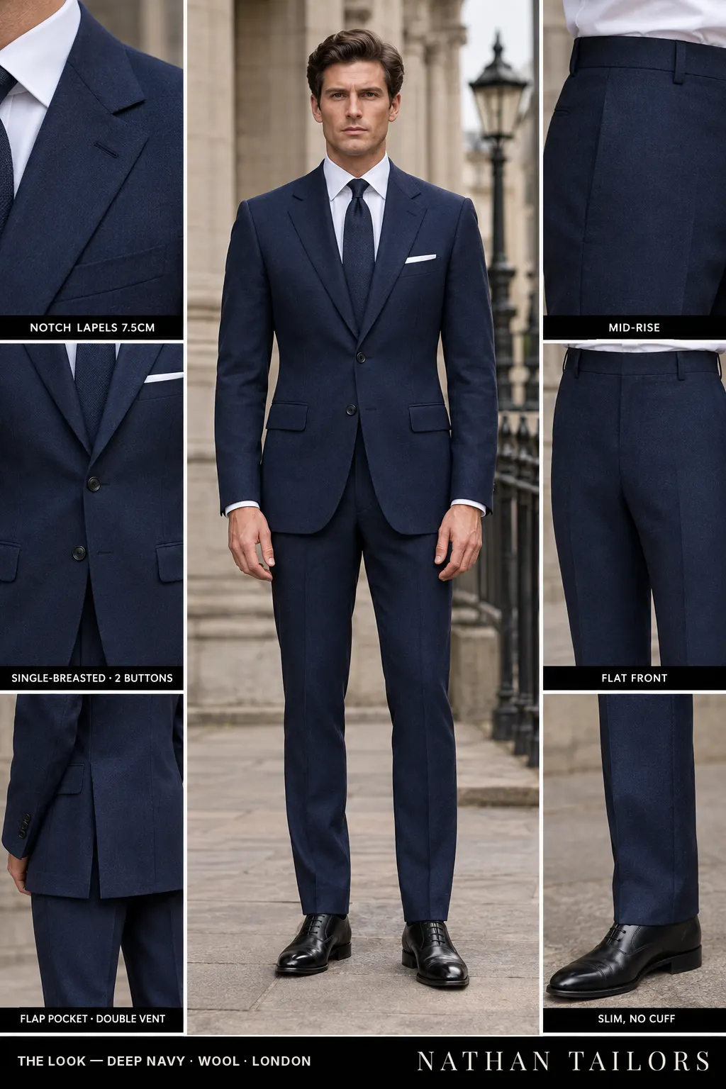 deep navy single-breasted bespoke suit โ custom tailored by Nathan Tailors, the Hoi An custom tailor