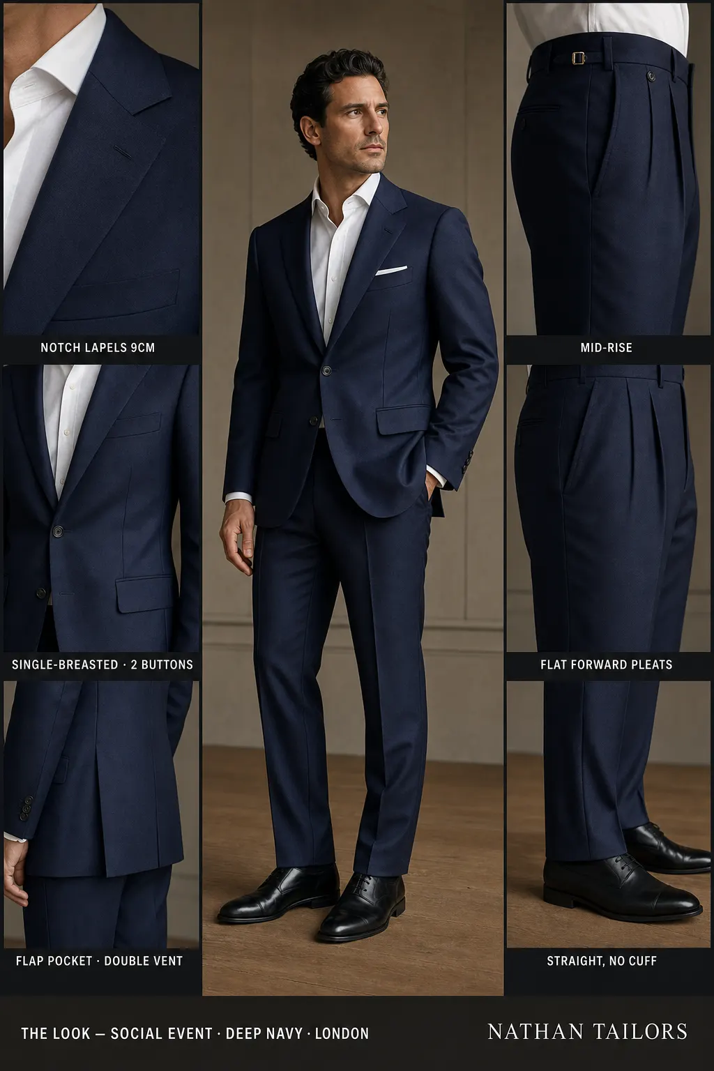deep navy single-breasted notch-lapel bespoke suit โ AI-rendered by Nathan Tailors, the Hoi An custom tailor. Available as a custom tailored suit from $149.