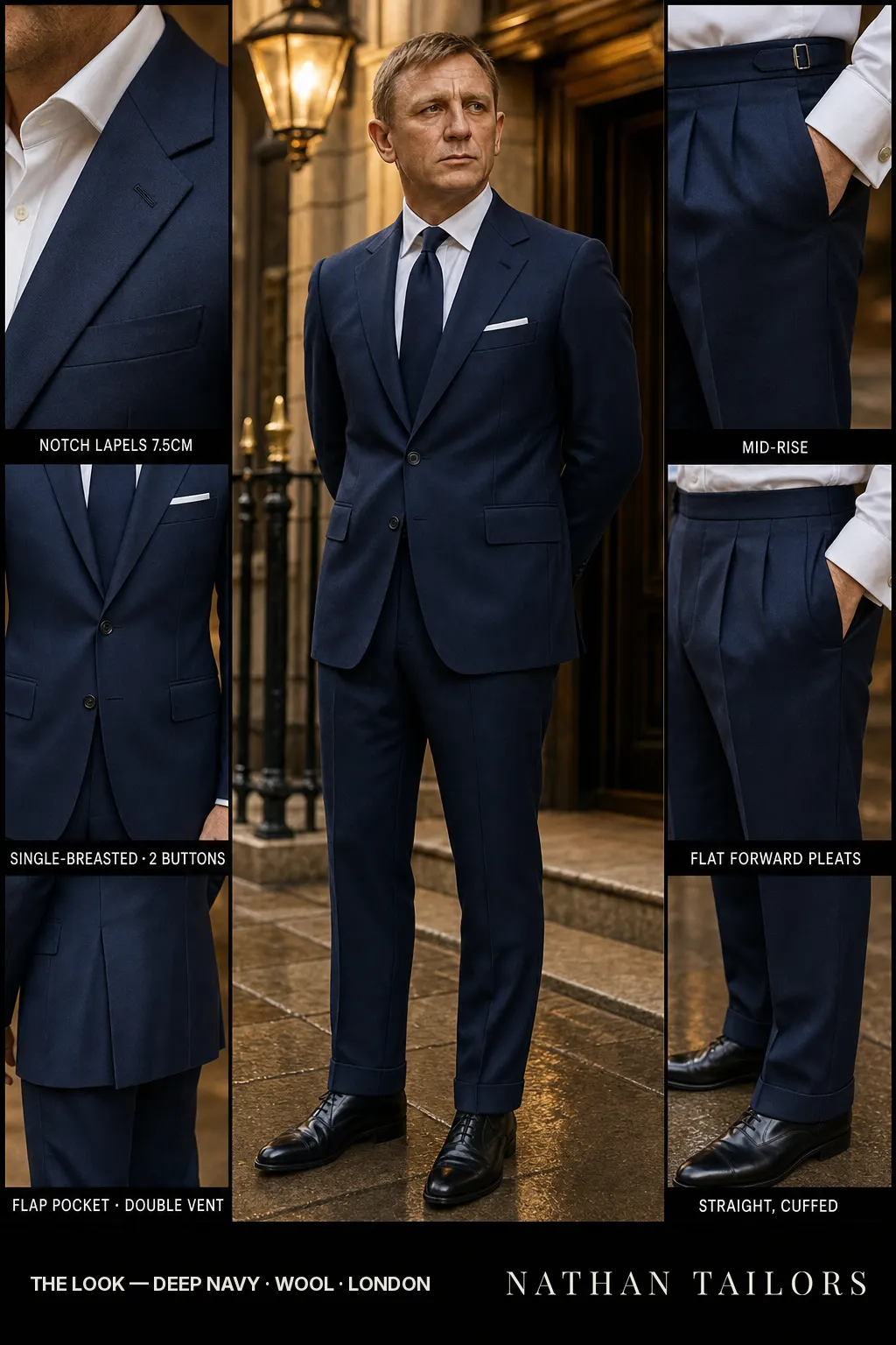 deep navy single-breasted notch-lapel bespoke suit โ AI-rendered by Nathan Tailors, the Hoi An custom tailor. Available as a custom tailored suit from $149.
