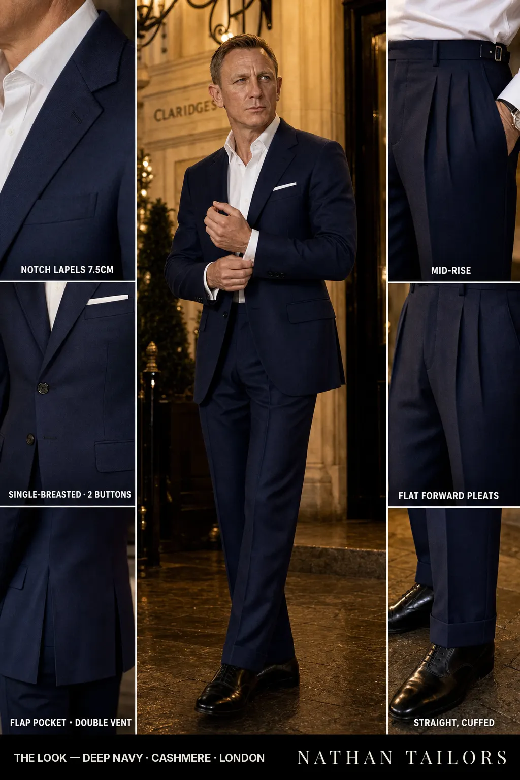 deep navy single-breasted notch-lapel bespoke suit — AI-rendered by Nathan Tailors, the Hoi An custom tailor. Available as a custom tailored suit from $149.