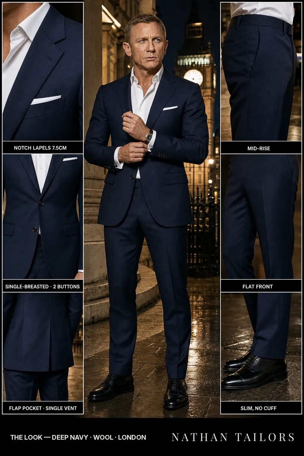 deep navy single-breasted notch-lapel bespoke suit — AI-rendered by Nathan Tailors, the Hoi An custom tailor. Available as a custom tailored suit from $149.
