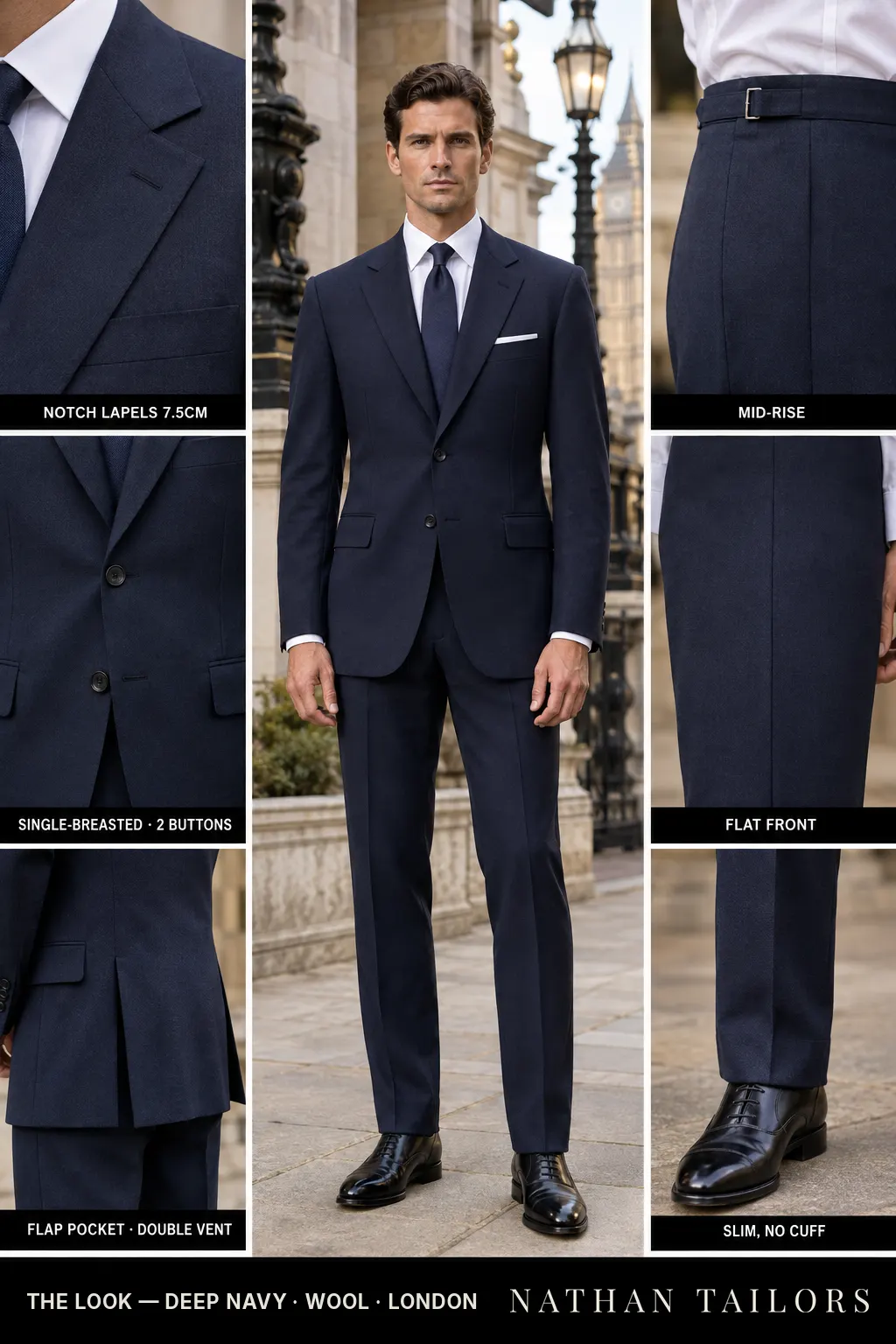 deep navy single-breasted bespoke suit — custom tailored by Nathan Tailors, the Hoi An custom tailor