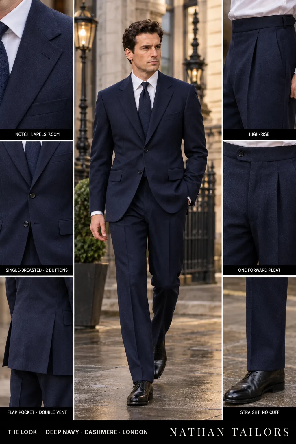 deep navy single-breasted bespoke suit — custom tailored by Nathan Tailors, the Hoi An custom tailor