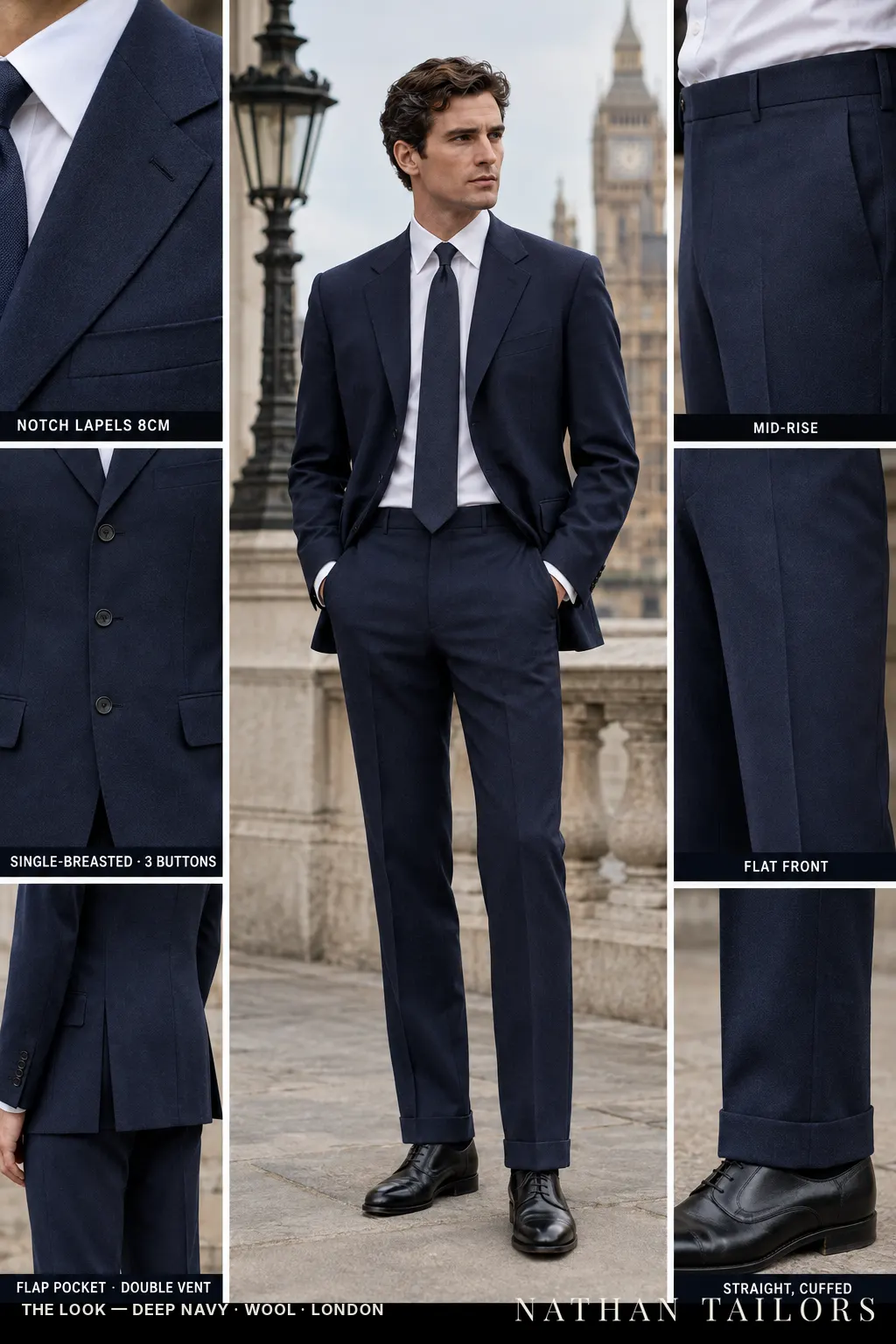 deep navy single-breasted notch-lapel bespoke suit โ AI-rendered by Nathan Tailors, the Hoi An custom tailor. Available as a custom tailored suit from $149.