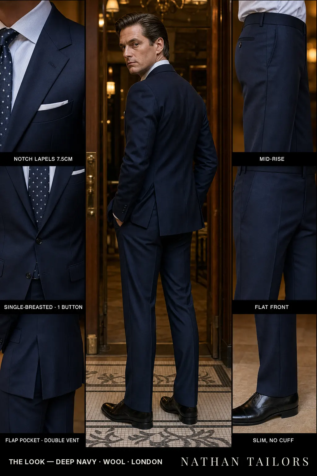 deep navy single-breasted notch-lapel bespoke suit — AI-rendered by Nathan Tailors, the Hoi An custom tailor. Available as a custom tailored suit from $149.