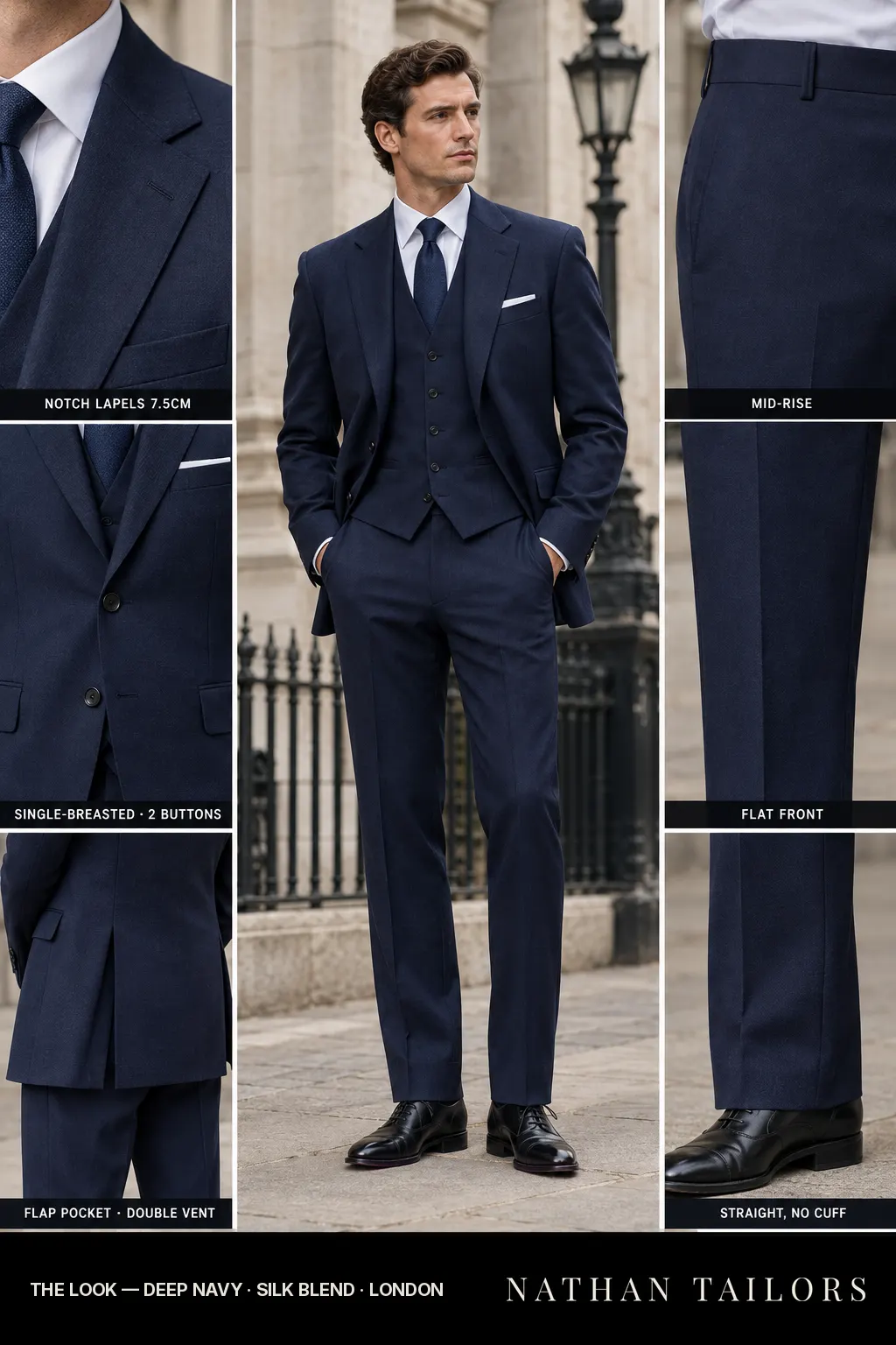 deep navy single-breasted bespoke suit โ custom tailored by Nathan Tailors, the Hoi An custom tailor