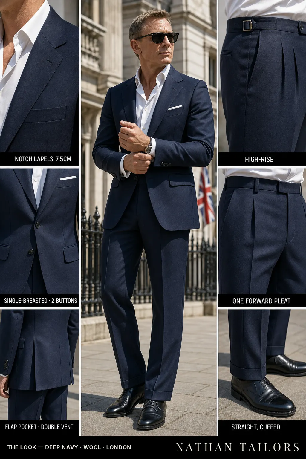 deep navy single-breasted notch-lapel bespoke suit — AI-rendered by Nathan Tailors, the Hoi An custom tailor. Available as a custom tailored suit from $149.