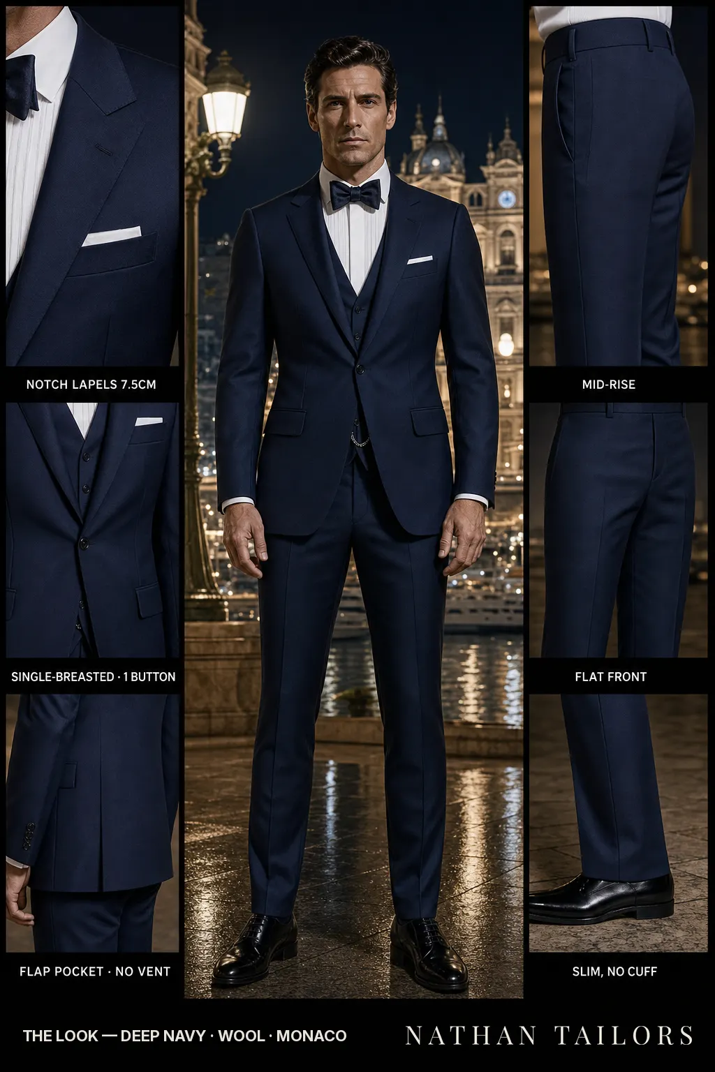 deep navy single-breasted notch-lapel bespoke suit — AI-rendered by Nathan Tailors, the Hoi An custom tailor. Available as a custom tailored suit from $149.