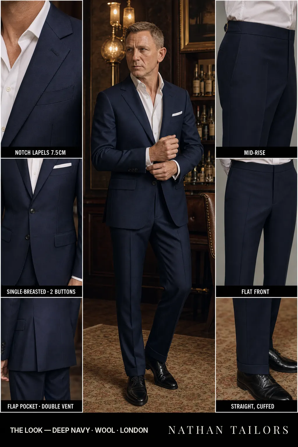 deep navy single-breasted notch-lapel bespoke suit — AI-rendered by Nathan Tailors, the Hoi An custom tailor. Available as a custom tailored suit from $149.