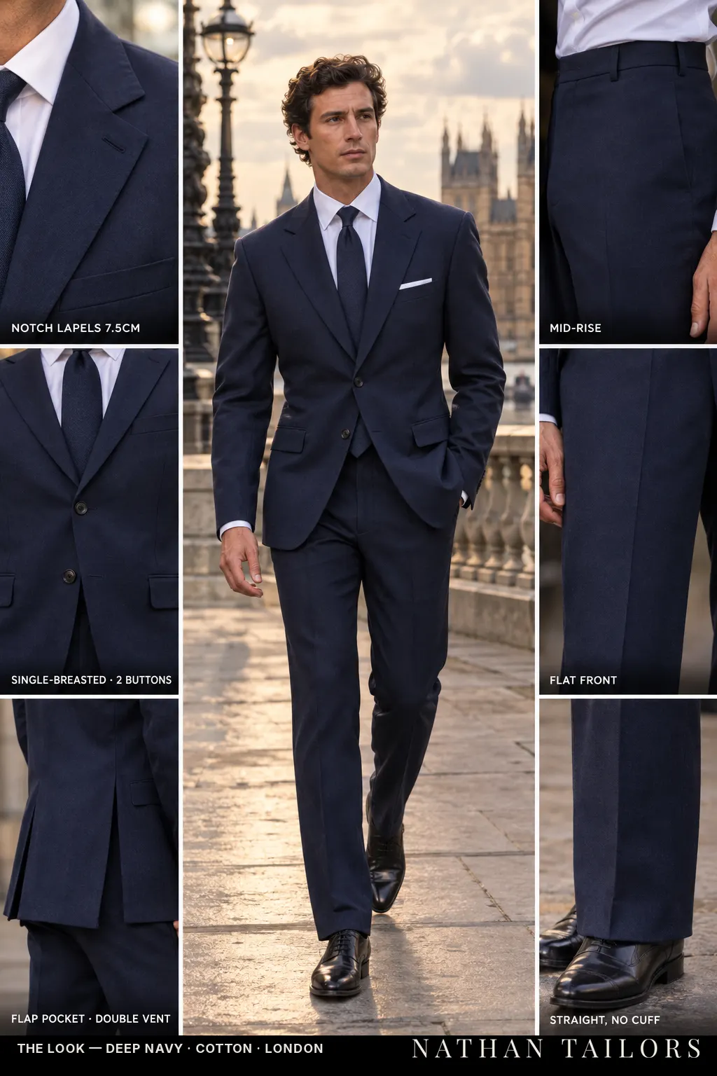 deep navy single-breasted bespoke suit — custom tailored by Nathan Tailors, the Hoi An custom tailor
