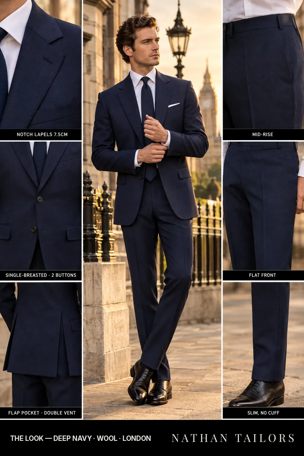 deep navy single-breasted bespoke suit — custom tailored by Nathan Tailors, the Hoi An custom tailor