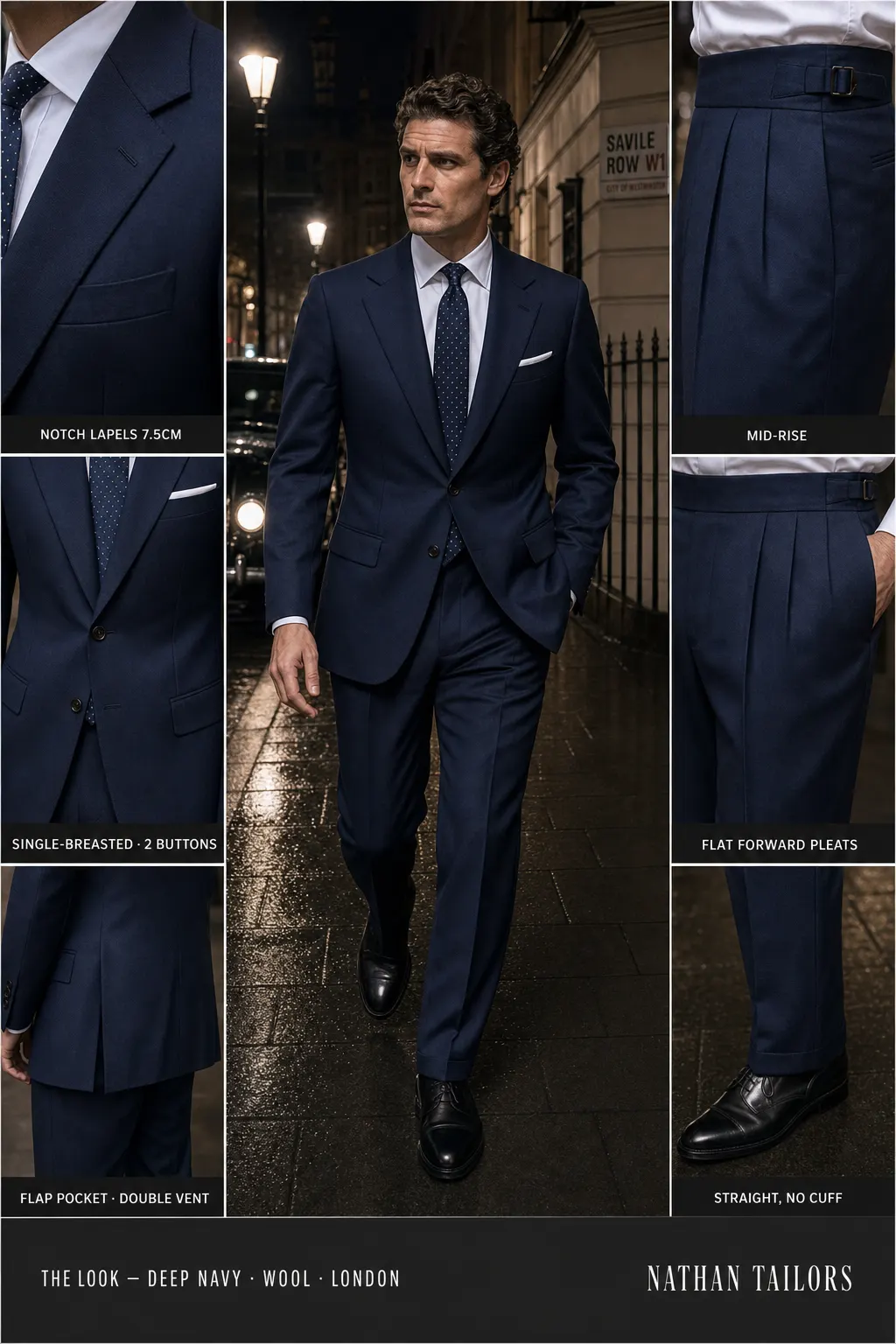 deep navy single-breasted notch-lapel bespoke suit — AI-rendered by Nathan Tailors, the Hoi An custom tailor. Available as a custom tailored suit from $169.