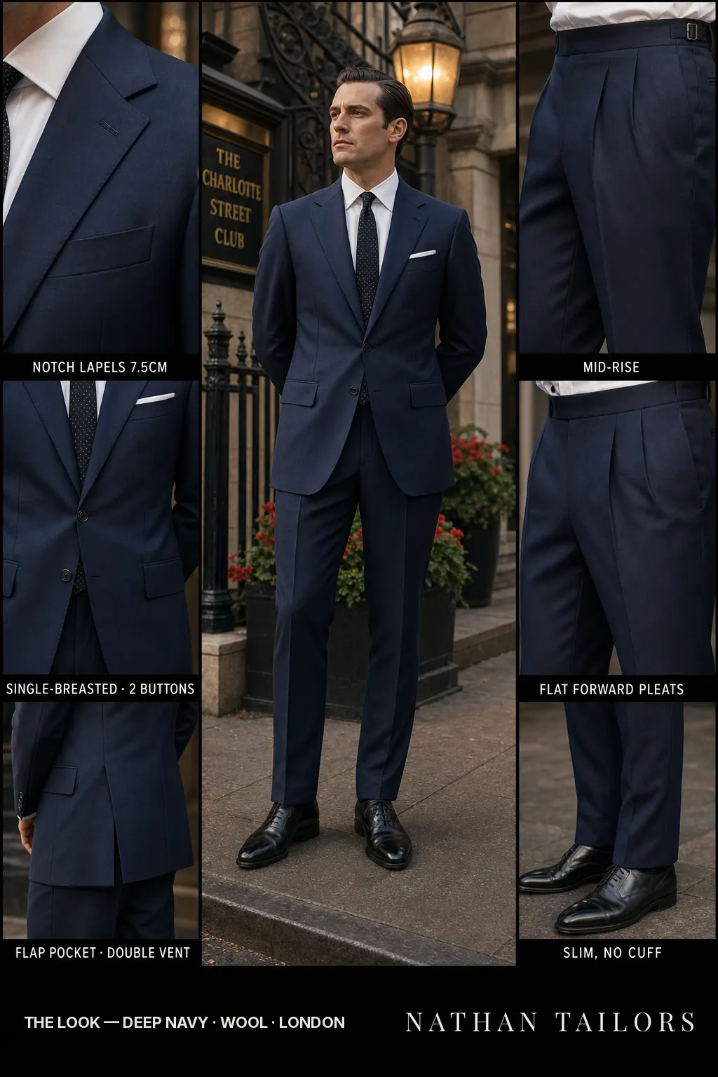 deep navy single-breasted notch-lapel bespoke suit โ AI-rendered by Nathan Tailors, the Hoi An custom tailor. Available as a custom tailored suit from $149.