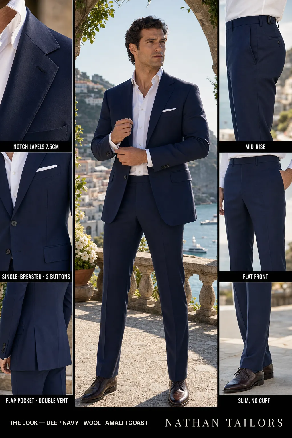 deep navy single-breasted notch-lapel bespoke suit — AI-rendered by Nathan Tailors, the Hoi An custom tailor. Available as a custom tailored suit from $149.