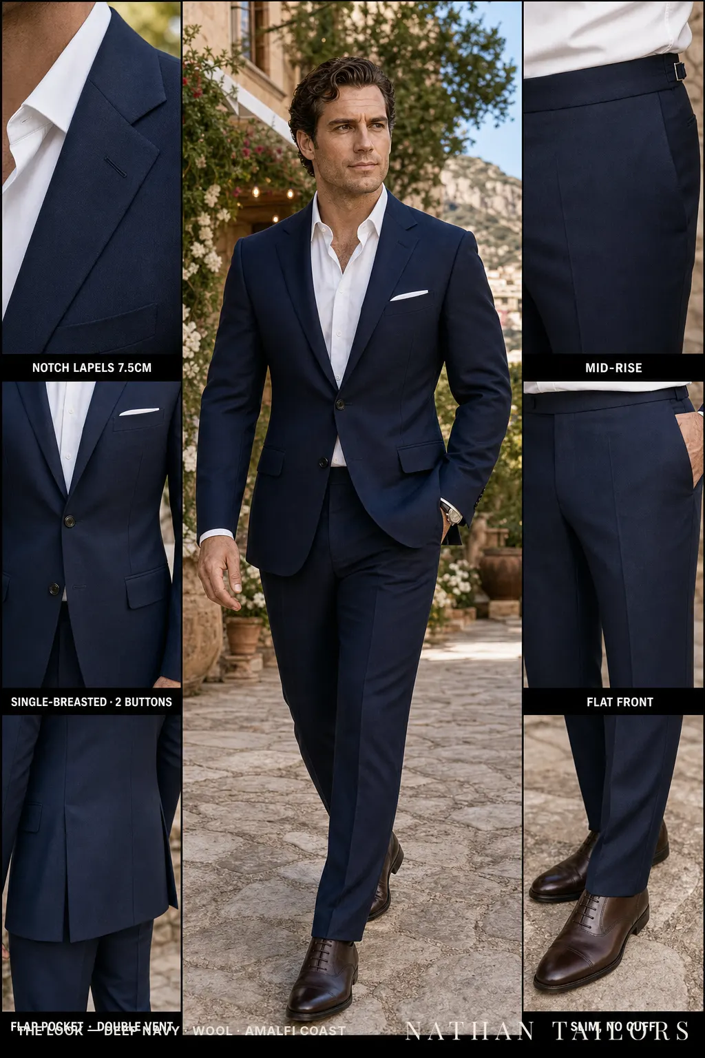 deep navy single-breasted notch-lapel bespoke suit — AI-rendered by Nathan Tailors, the Hoi An custom tailor. Available as a custom tailored suit from $149.