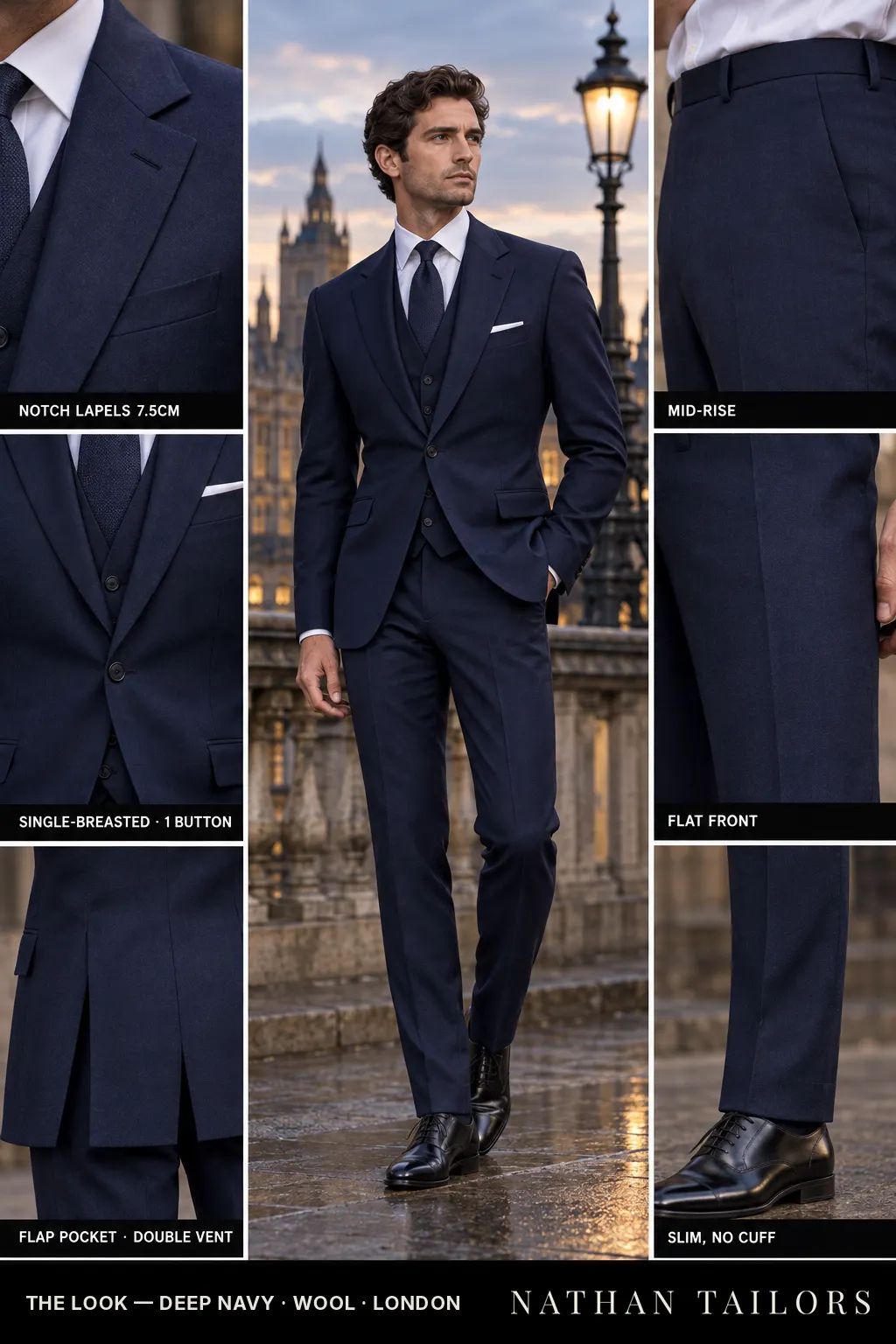 deep navy single-breasted bespoke suit โ custom tailored by Nathan Tailors, the Hoi An custom tailor