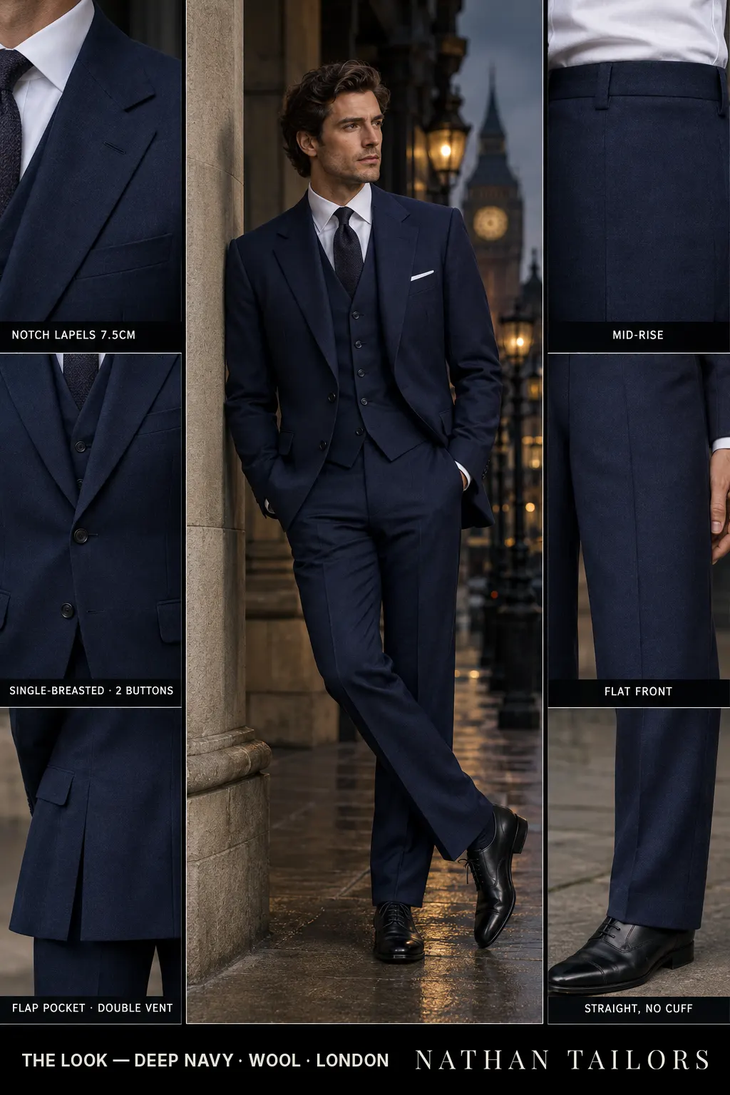 deep navy single-breasted bespoke suit โ custom tailored by Nathan Tailors, the Hoi An custom tailor