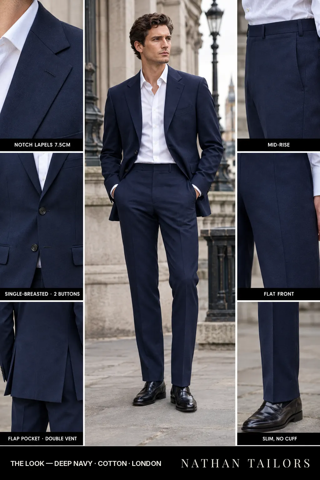 deep navy single-breasted notch-lapel bespoke suit โ AI-rendered by Nathan Tailors, the Hoi An custom tailor. Available as a custom tailored suit from $149.