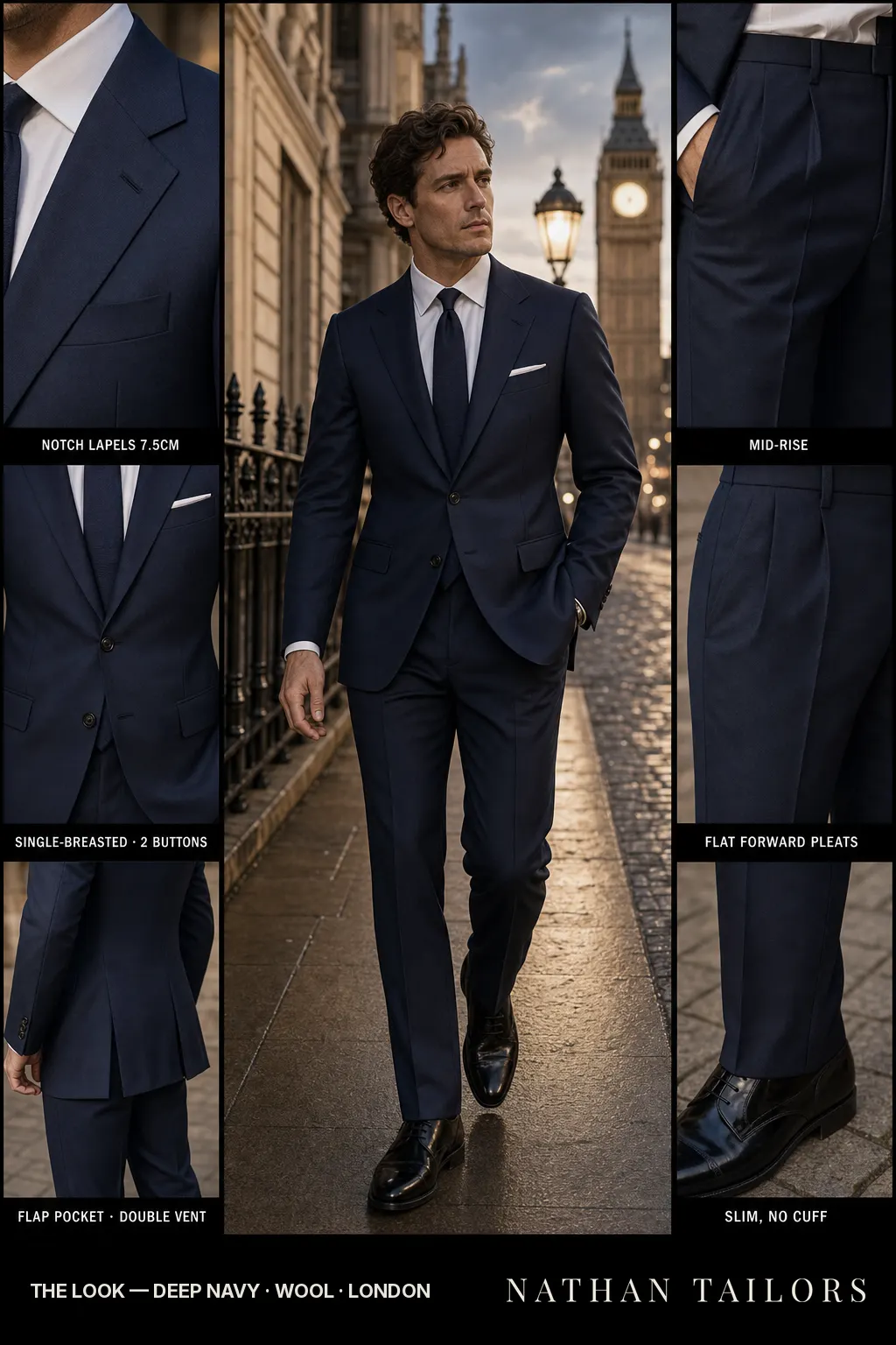 deep navy single-breasted notch-lapel bespoke suit — AI-rendered by Nathan Tailors, the Hoi An custom tailor. Available as a custom tailored suit from $149.