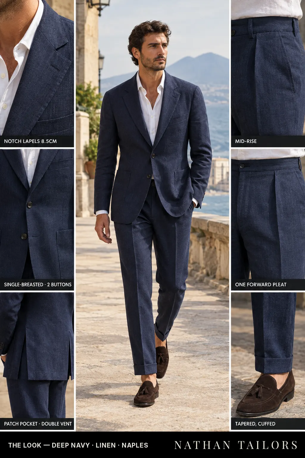 deep navy single-breasted bespoke suit โ custom tailored by Nathan Tailors, the Hoi An custom tailor