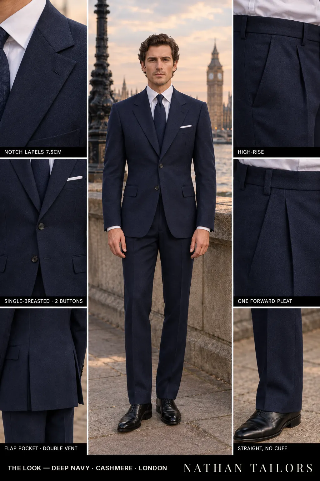 deep navy single-breasted bespoke suit — custom tailored by Nathan Tailors, the Hoi An custom tailor