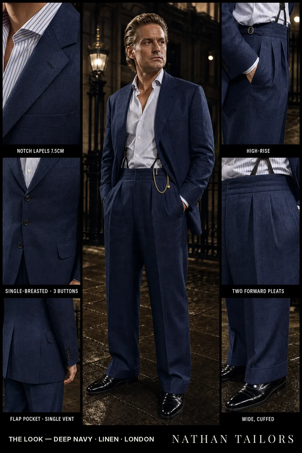 deep navy single-breasted notch-lapel bespoke suit — AI-rendered by Nathan Tailors, the Hoi An custom tailor. Available as a custom tailored suit from $149.
