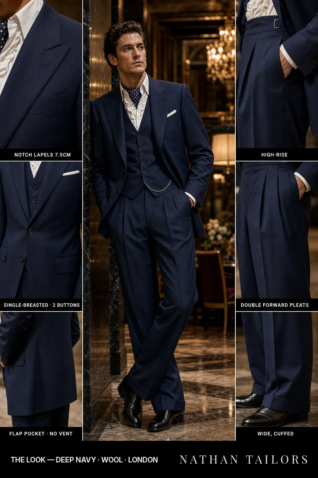 deep navy single-breasted notch-lapel bespoke suit — AI-rendered by Nathan Tailors, the Hoi An custom tailor. Available as a custom tailored suit from $149.