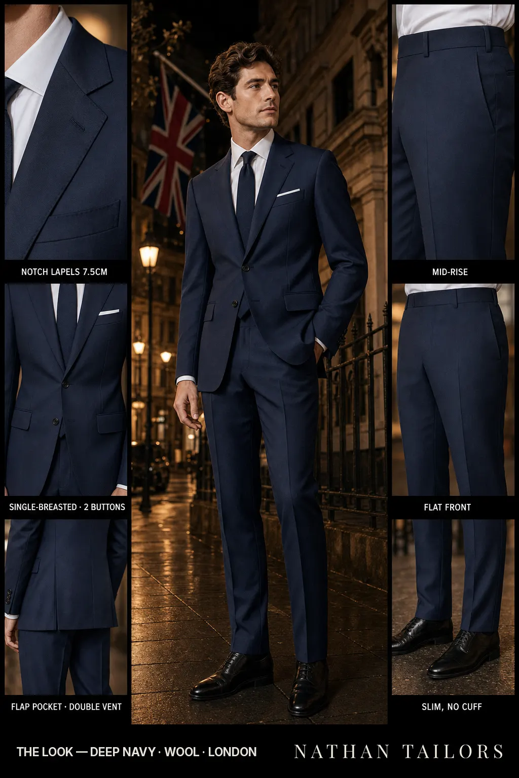 deep navy single-breasted notch-lapel bespoke suit — AI-rendered by Nathan Tailors, the Hoi An custom tailor. Available as a custom tailored suit from $149.